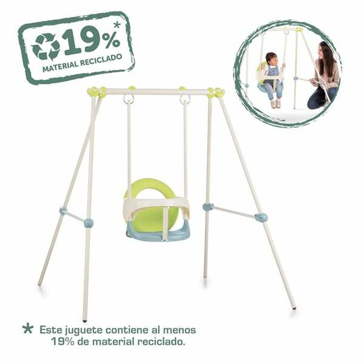 Un'altalena verde e bianca con bambino e adulto.