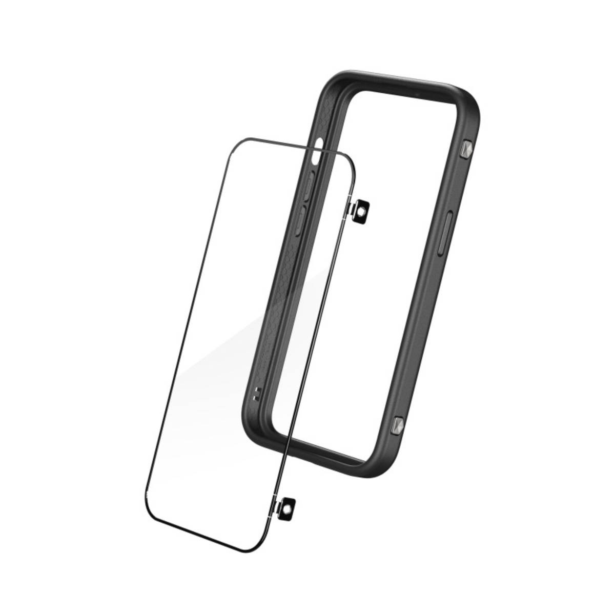 Custodia per telefono con protezione schermo separata, entrambi neri, su sfondo bianco.