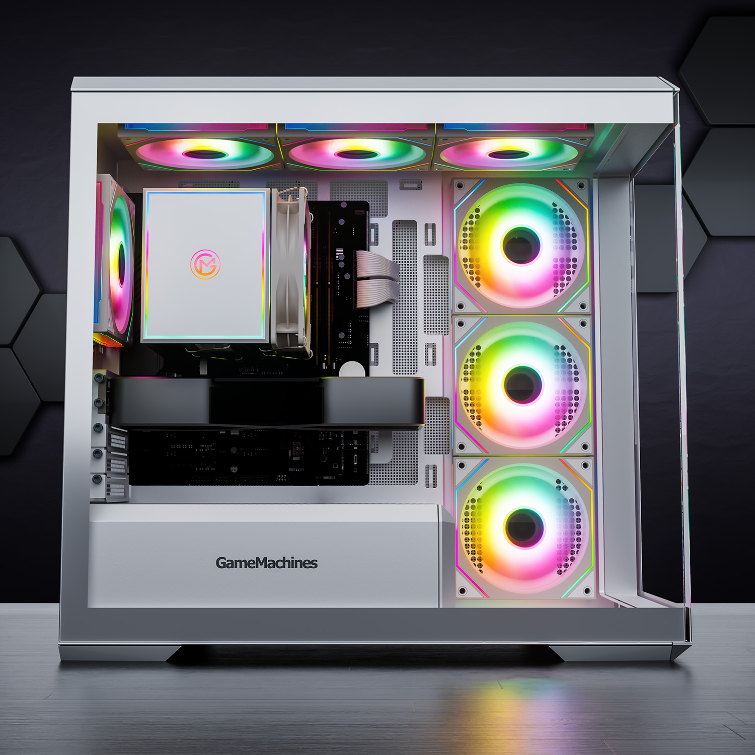 Computergehäuse mit internen Komponenten, einschließlich Lüftern und Grafikkarte, mit RGB beleuchtet.