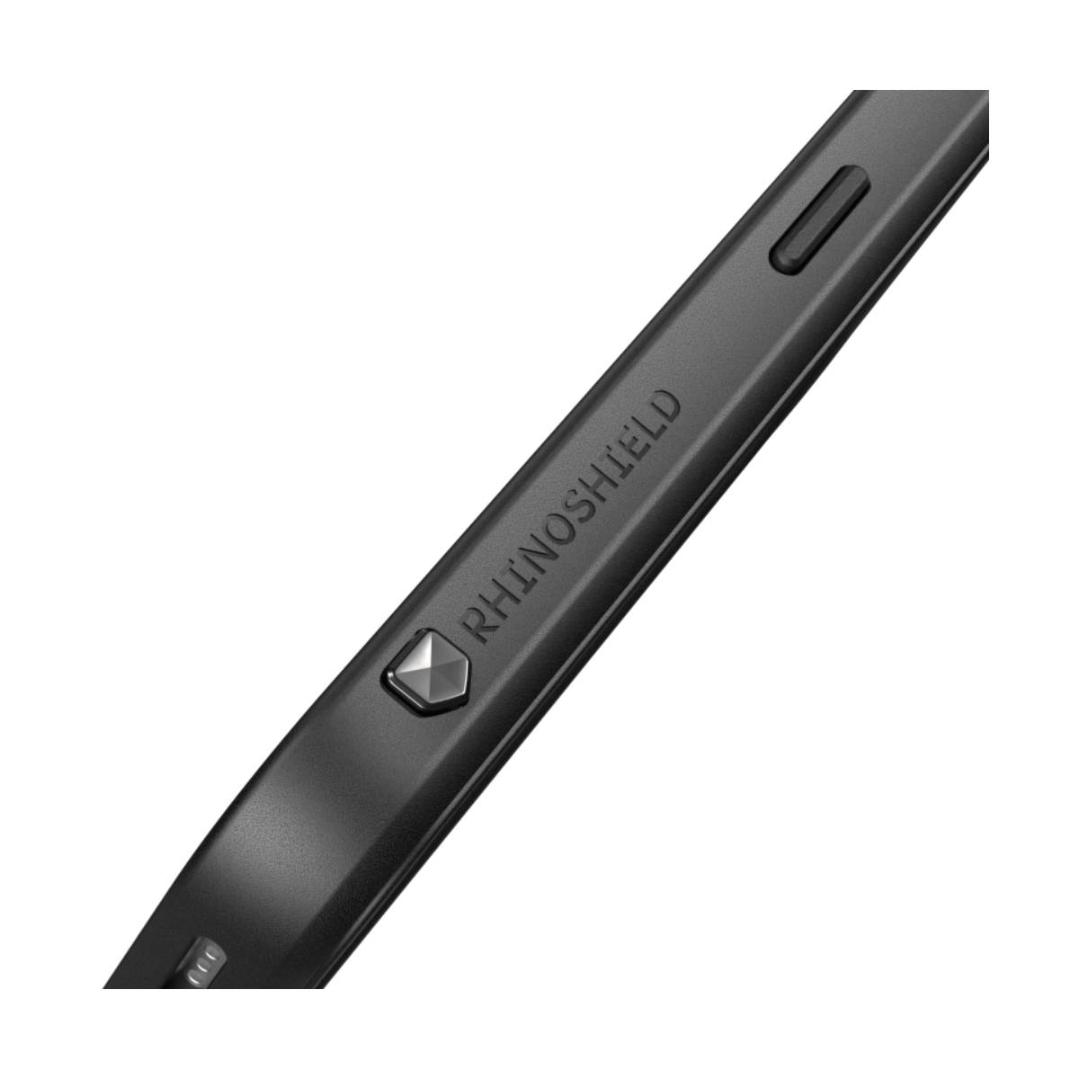 Primo piano di una custodia nera per telefono con la scritta RHINOSHIELD e un pulsante.