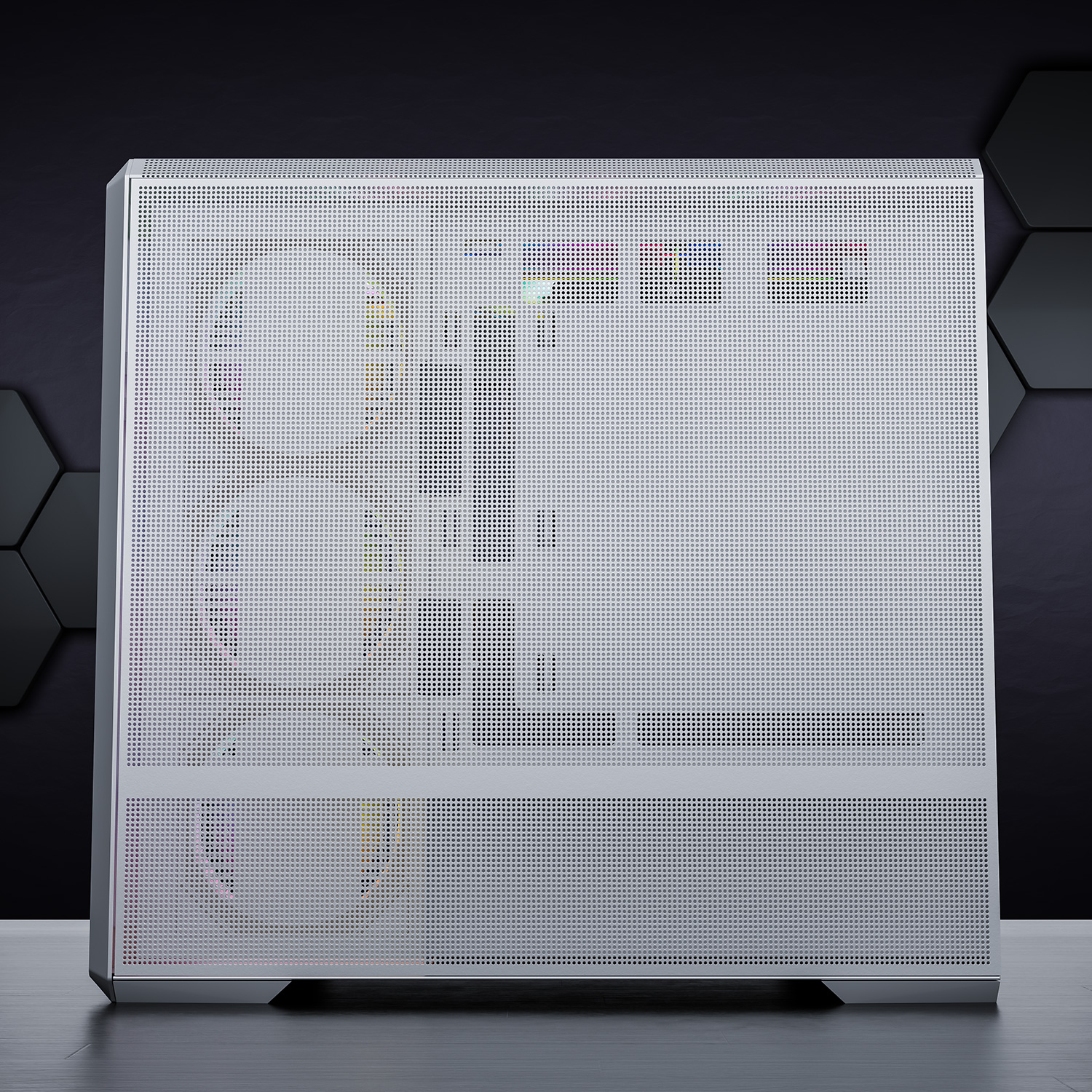 Weißer Computer-Gehäuse mit vielen kleinen Löchern auf schwarzem Grund.