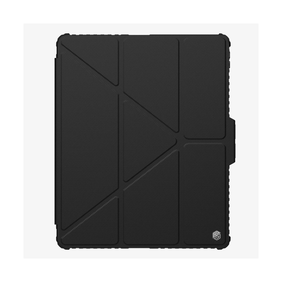 Custodia nera per tablet con superficie strutturata e design geometrico.