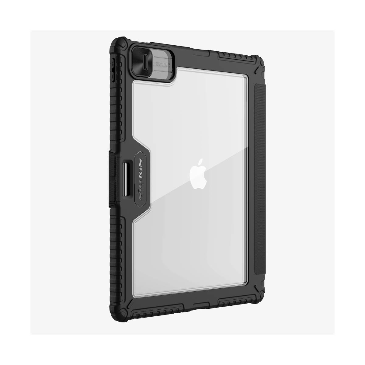 Custodia nera per iPad con protezione schermo trasparente, ritaglio per la fotocamera e un logo. Viene mostrata angolata.