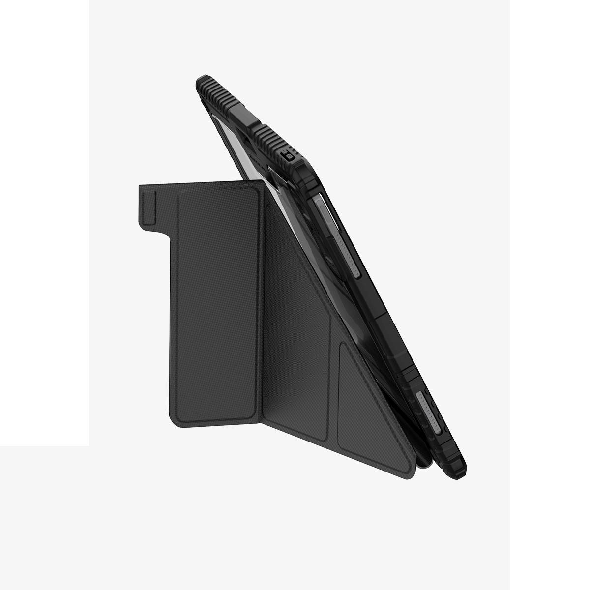 Custodia per tablet nera con supporto integrato. Il supporto sostiene il tablet ad angolo.