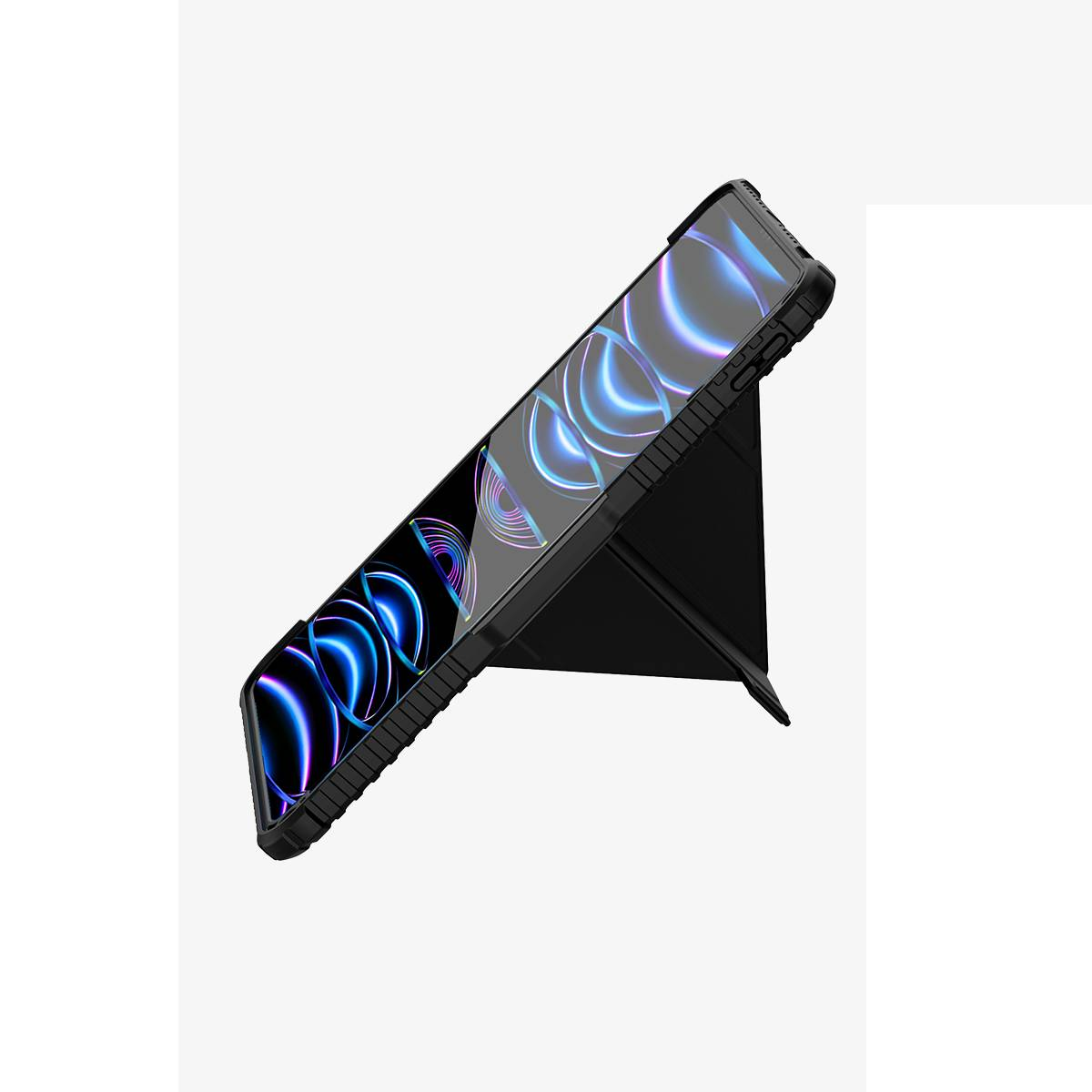 Tablet nero su supporto, angolato, mostra display astratto colorato.