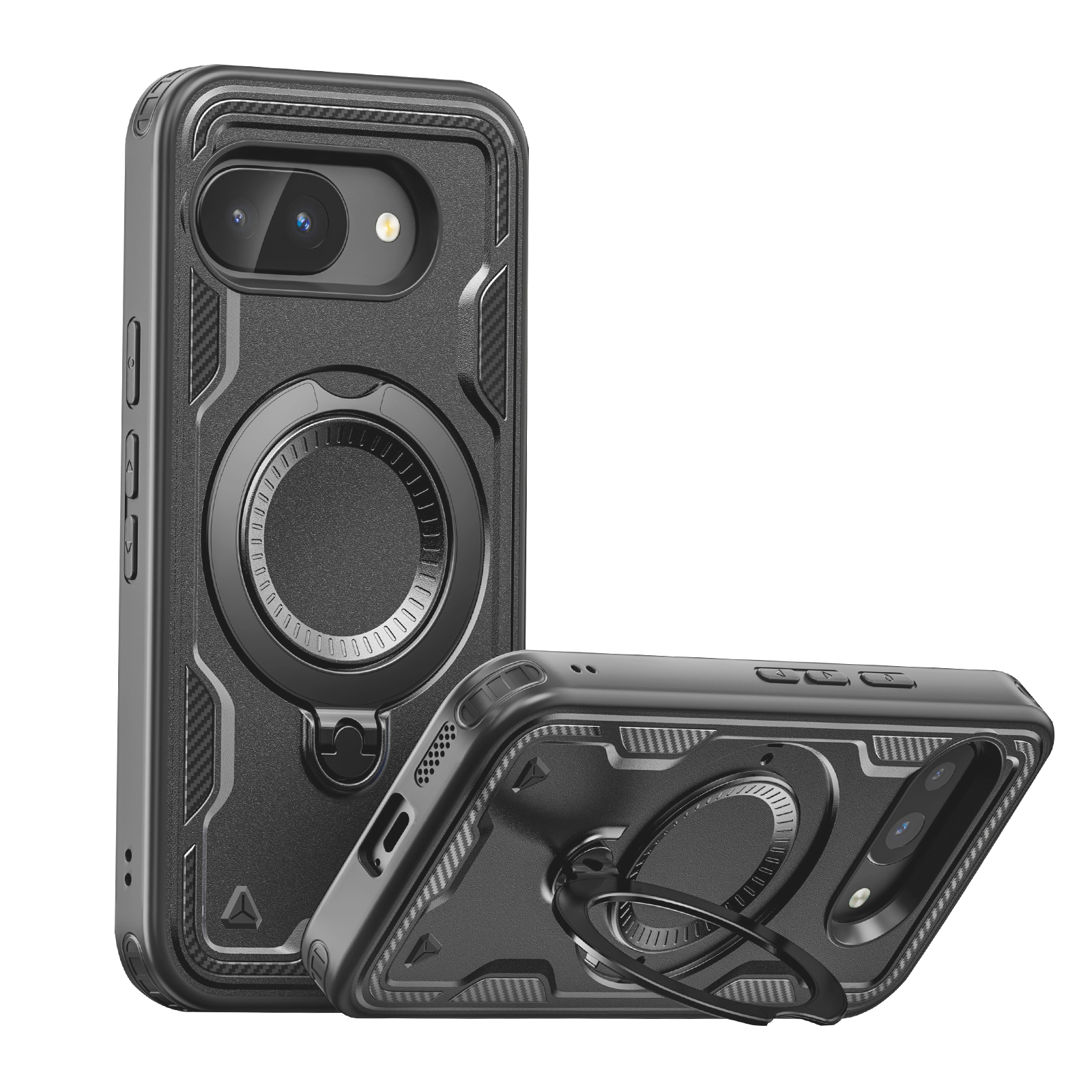 Custodia per telefono nera con supporto ad anello. Sono mostrate due custodie, una di lato e una piatta.