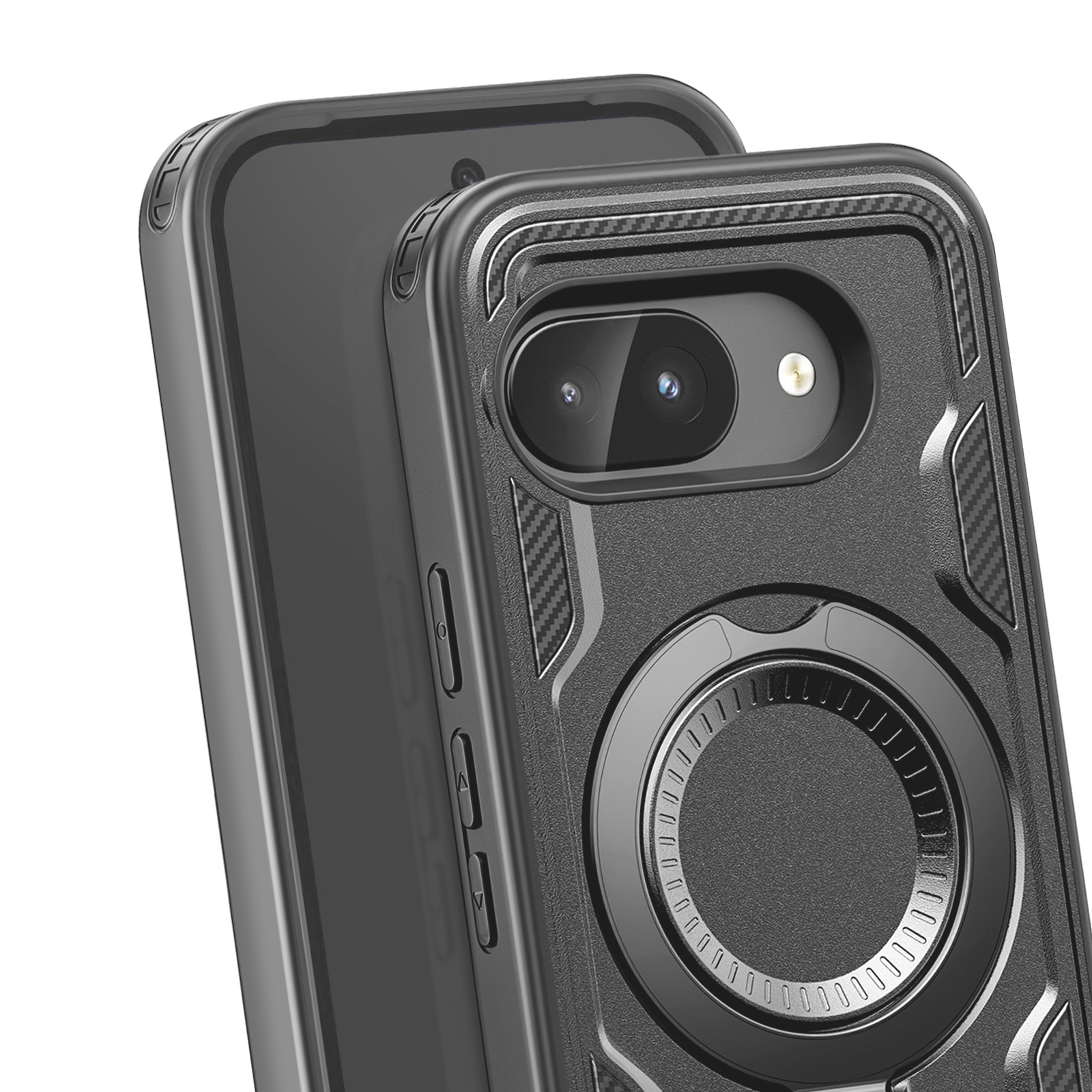 Primo piano di una custodia per telefono nera con un anello di supporto.