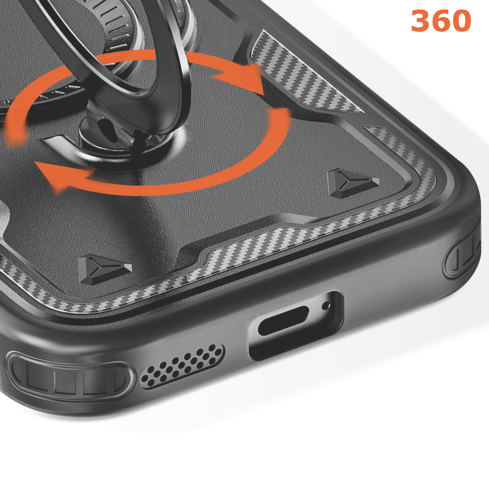 Una custodia nera per telefono con un anello argentato, con una freccia di rotazione a 360 gradi.