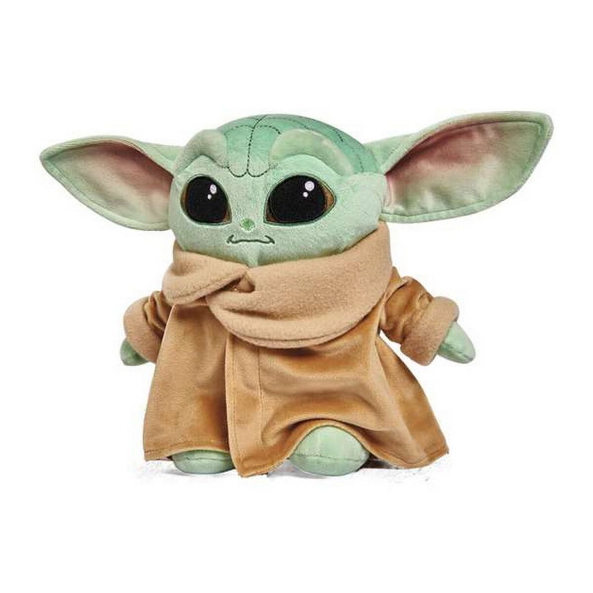 Grünes Baby Yoda Plüschtier mit braunem Mantel.