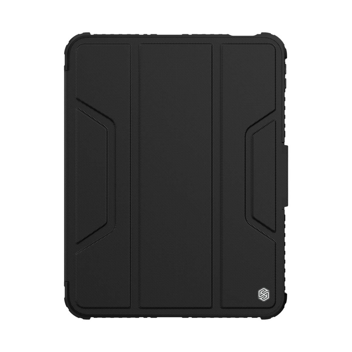 Custodia protettiva nera per tablet, chiusa.