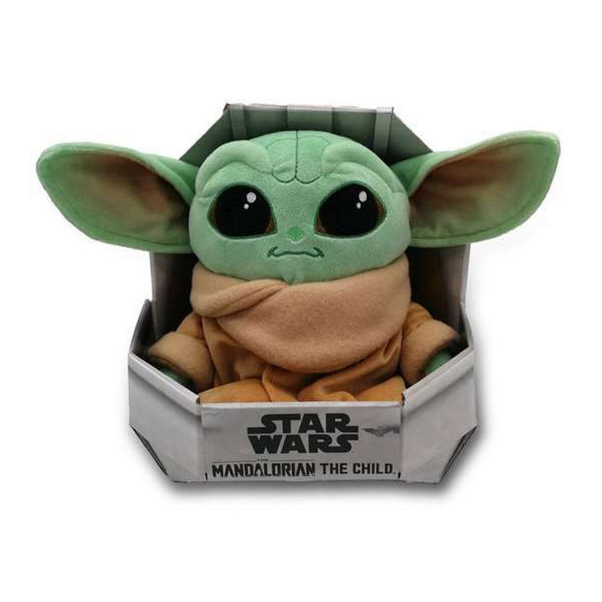 Eine Star Wars Grogu-Puppe in einer Box, mit weißem Hintergrund.