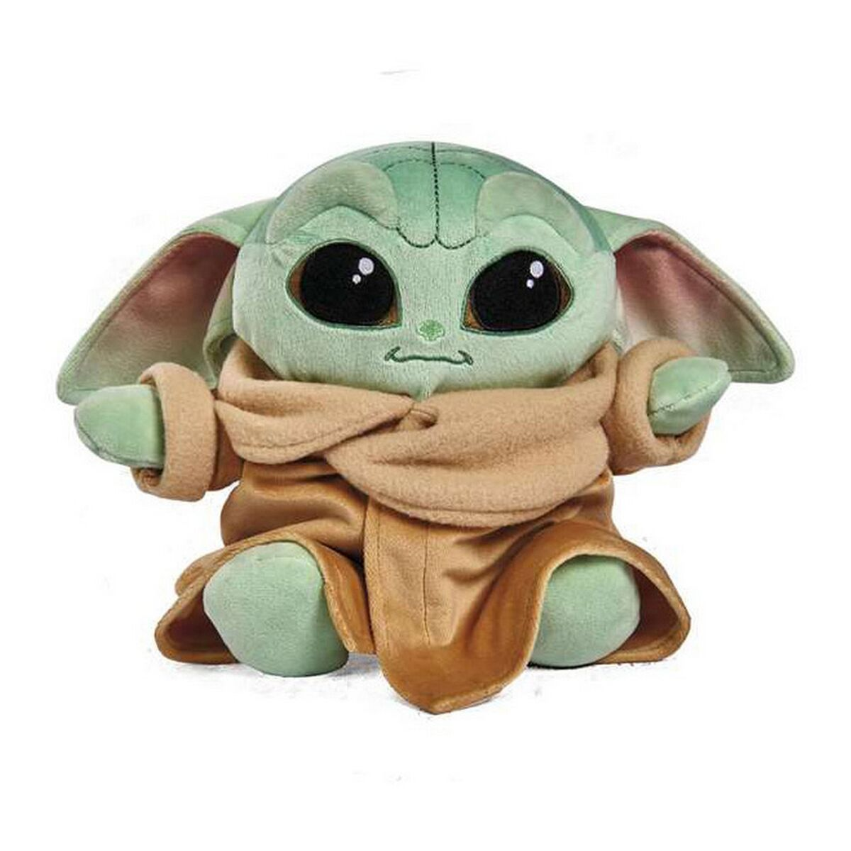 Grünes Baby Yoda Plüschtier mit braunem Mantel.