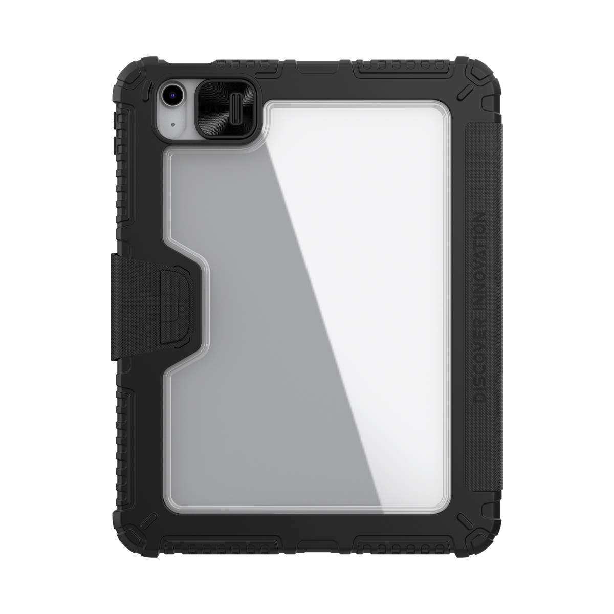 Custodia protettiva nera per iPad con finestra trasparente e portafoglio chiuso.