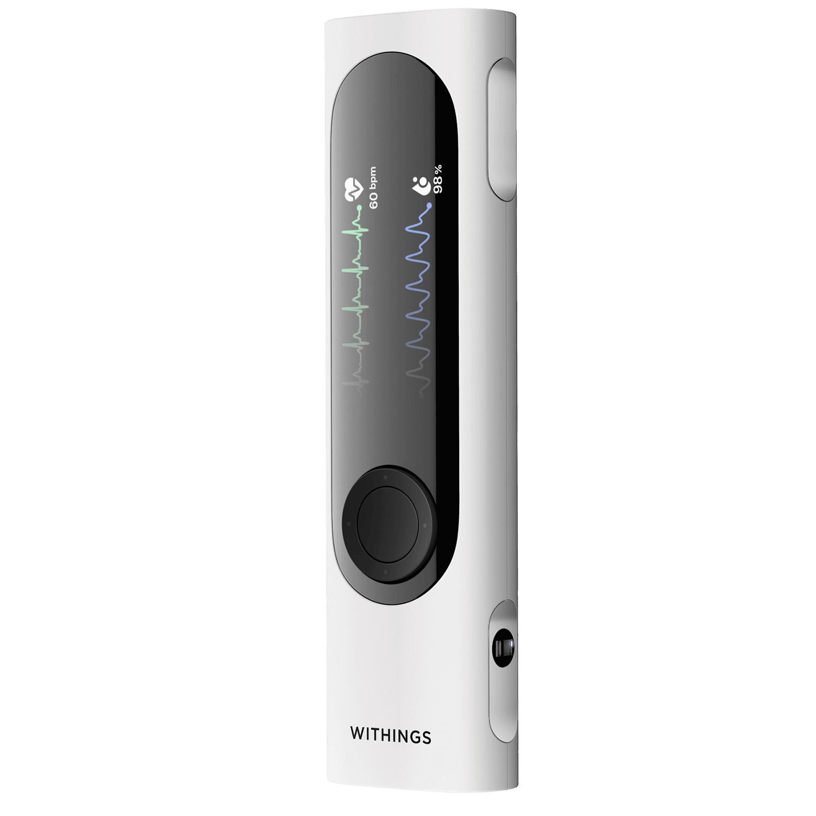 Białe urządzenie z ekranem wyświetlającym wskaźniki zdrowia. Ma czarny przycisk i markę WITHINGS.