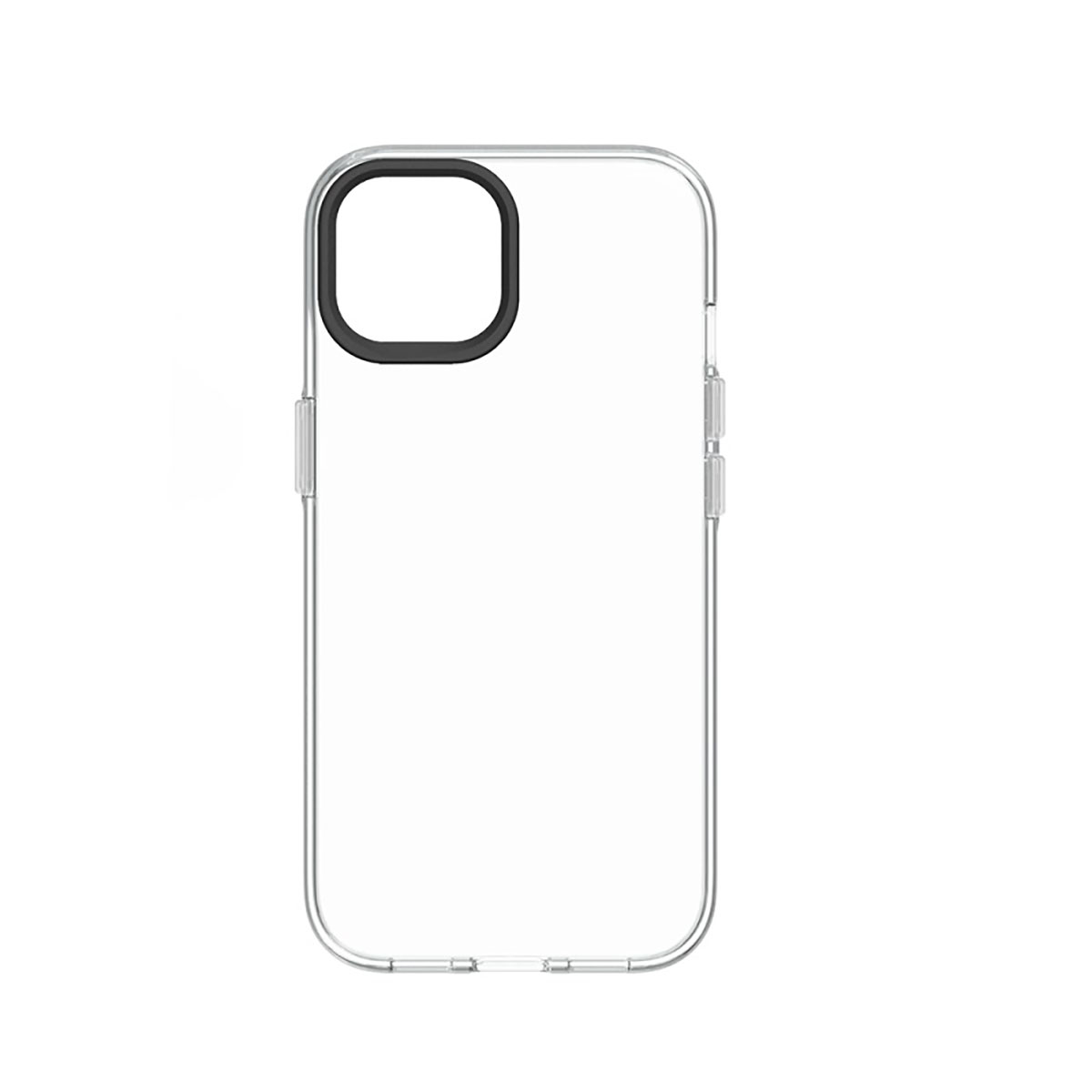 Custodia trasparente con anello fotocamera nero. Isolato su sfondo bianco. Plastica trasparente.