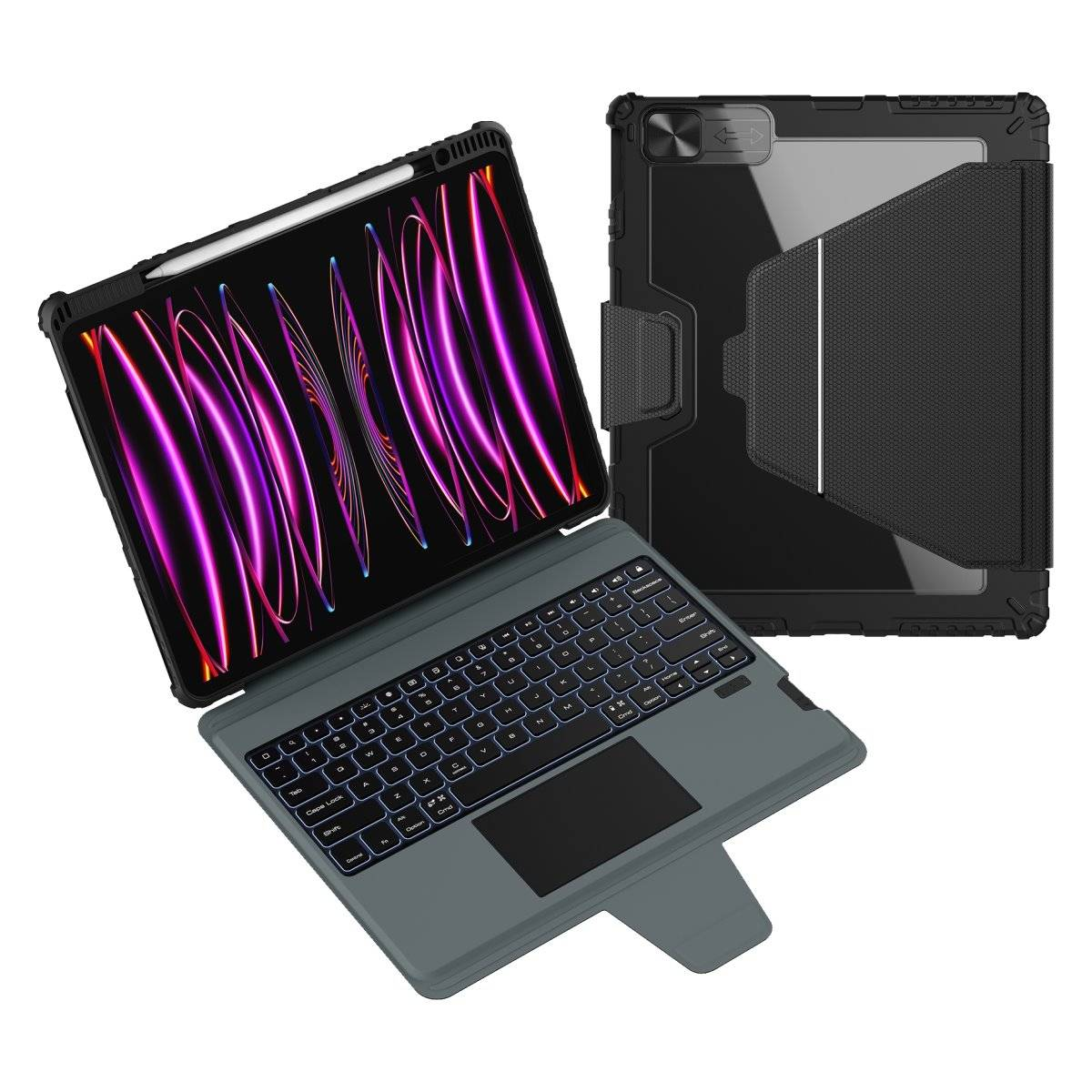 Un tablet con custodia per tastiera viene mostrato, mostrando una tastiera illuminata e lo schermo che visualizza linee viola e rosa.