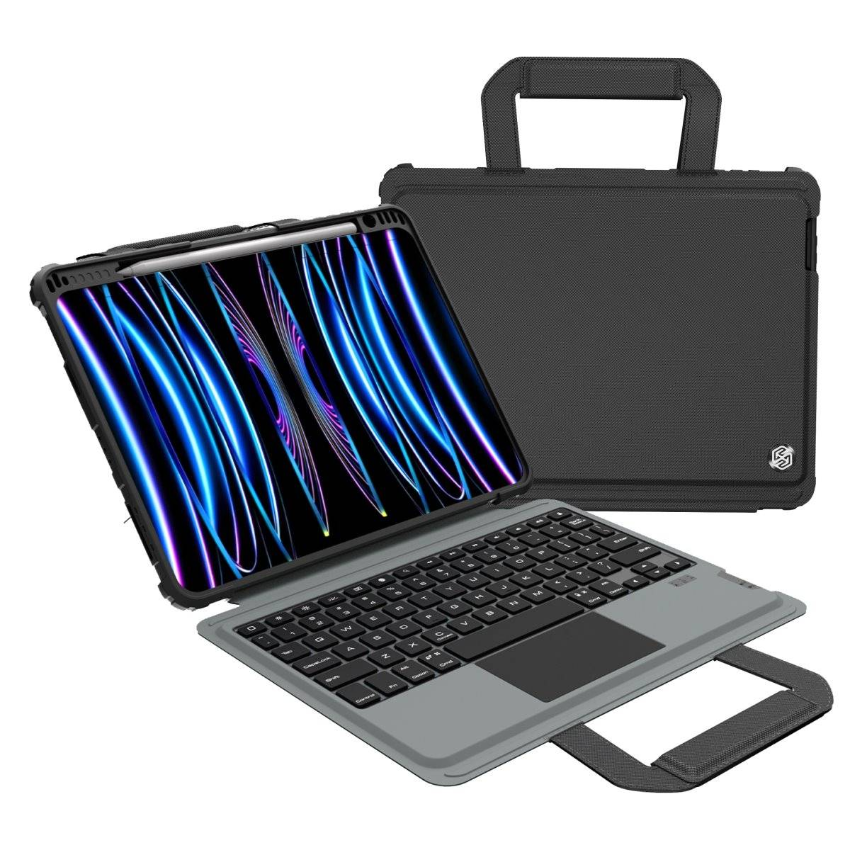 Un tablet con custodia per tastiera, maniglia e custodia per tablet con supporto.