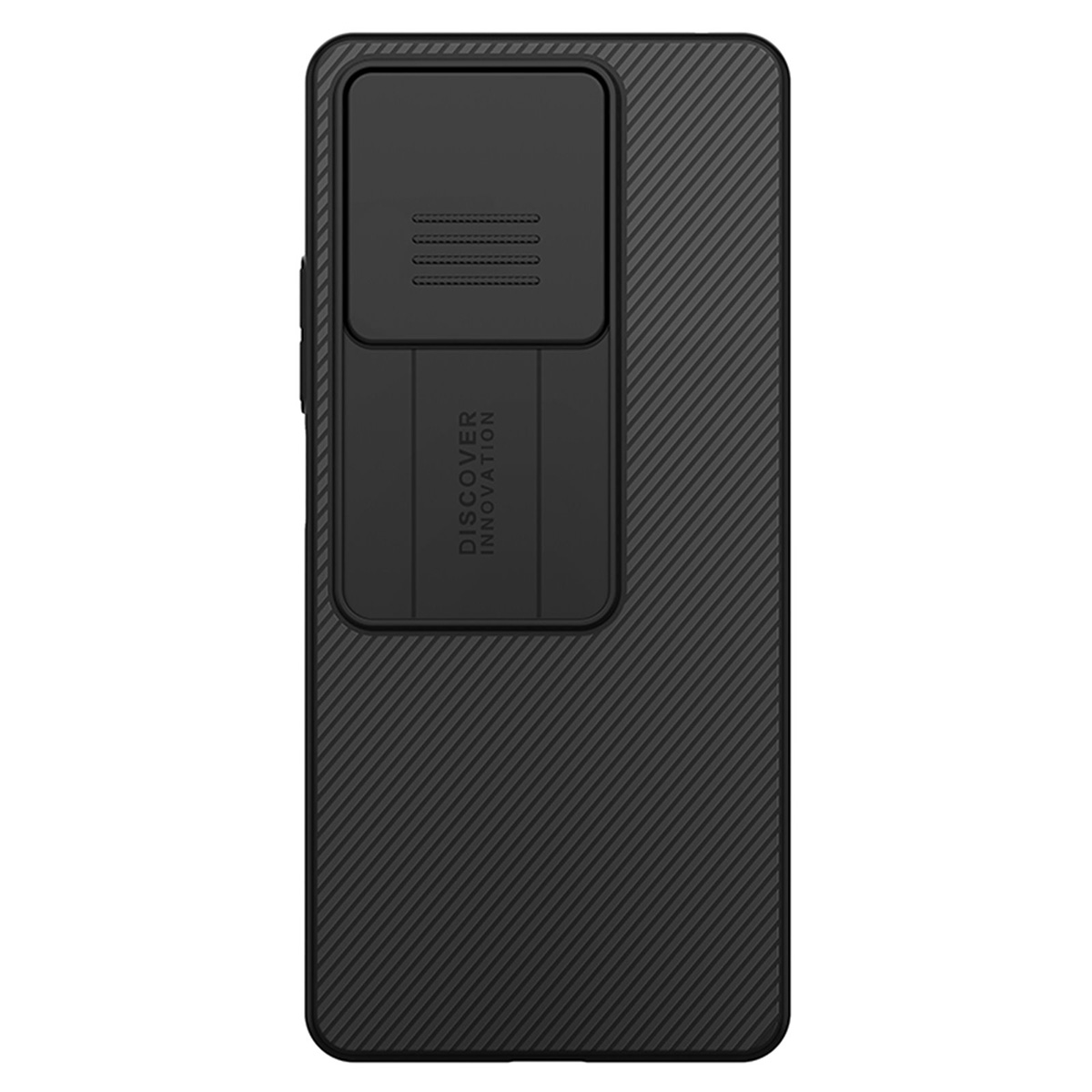 Una custodia per telefono nera con copertura scorrevole per la fotocamera e testo "DISCOVER INNOVATION".