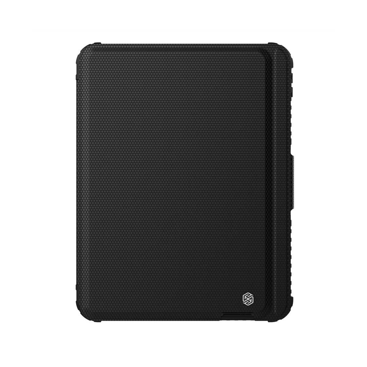 Custodia per tablet nera a nido d'ape, chiusa. La custodia ha un logo in basso.