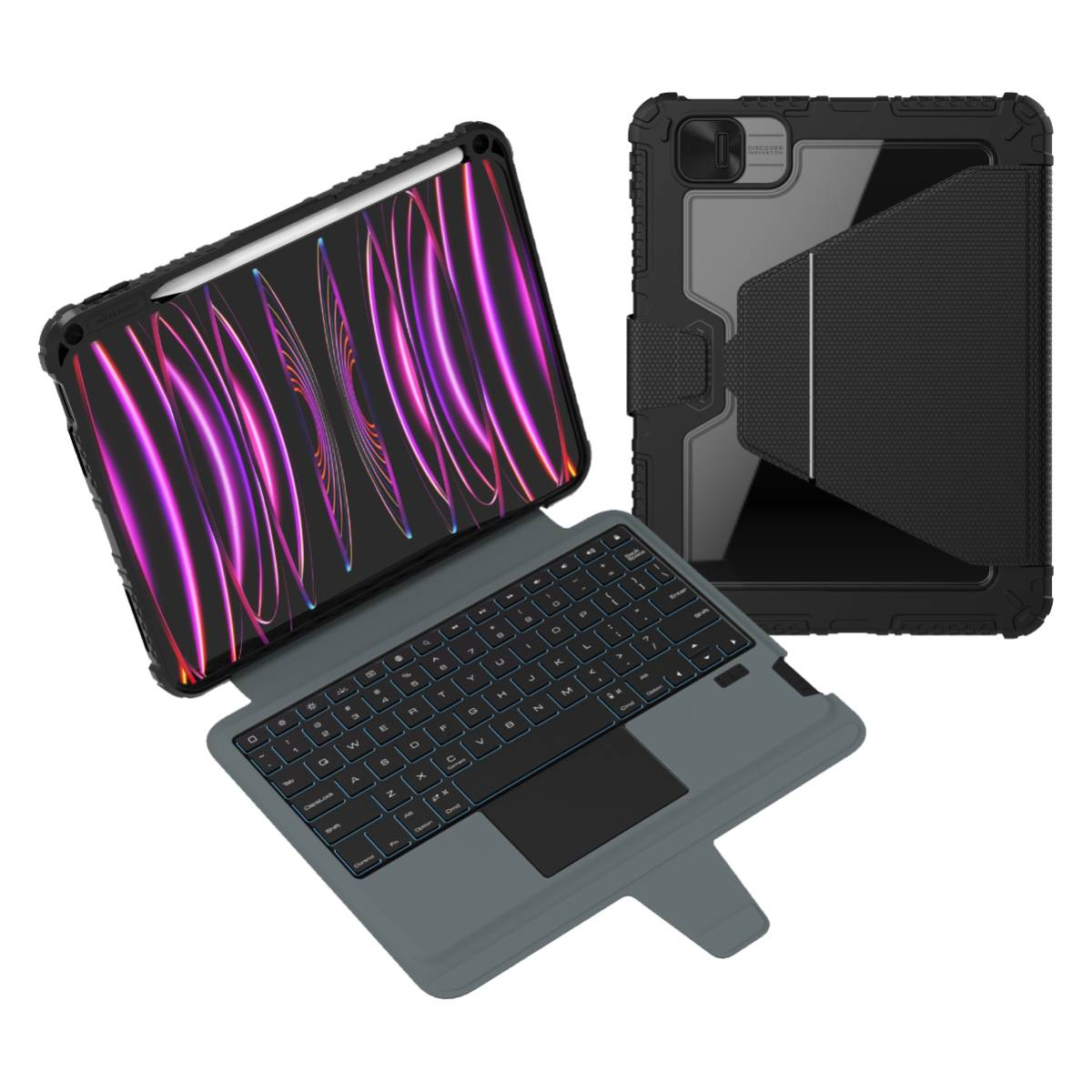 Tablet con custodia tastiera, nero e grigio, con protezione schermo. Lo schermo mostra un'immagine astratta colorata.