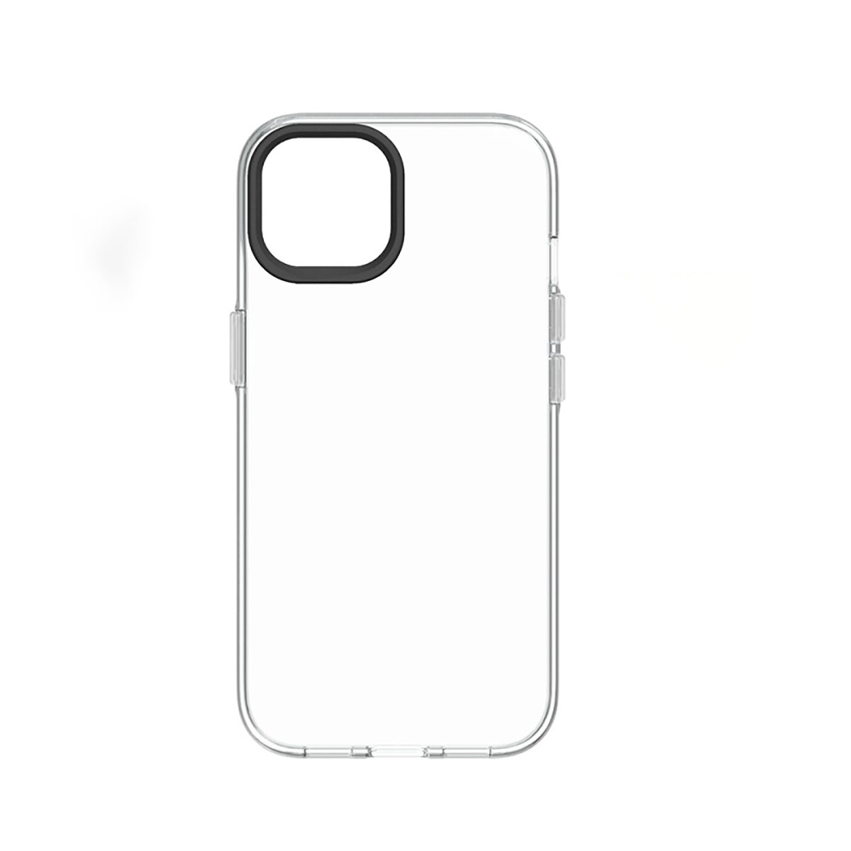 Custodia trasparente con anello fotocamera nero, trasparente, isolata su sfondo bianco.