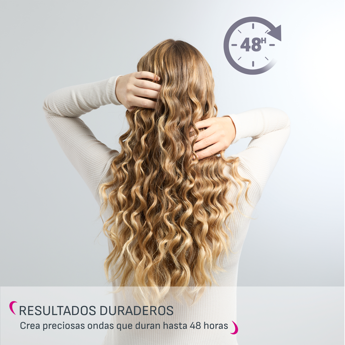 Donna con capelli ricci, vista da dietro. Testo sulle onde durature.