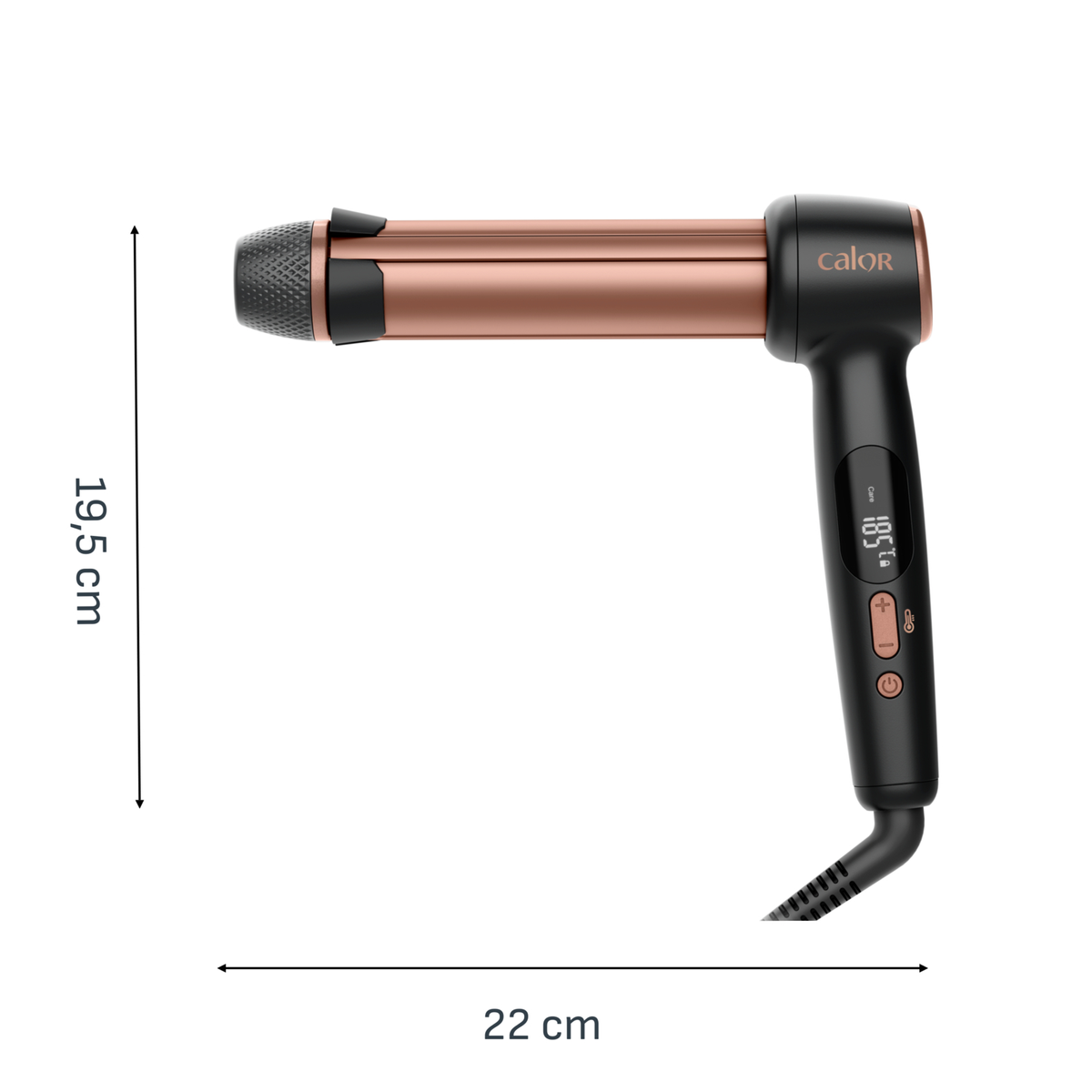 Arricciacapelli, manico nero, canna oro rosa, dimensioni in cm. Isolato su bianco.