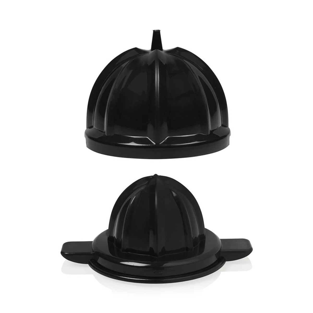 Dos piezas negras de escariador de exprimidor de cítricos. Piezas superior e inferior, diseño acanalado.