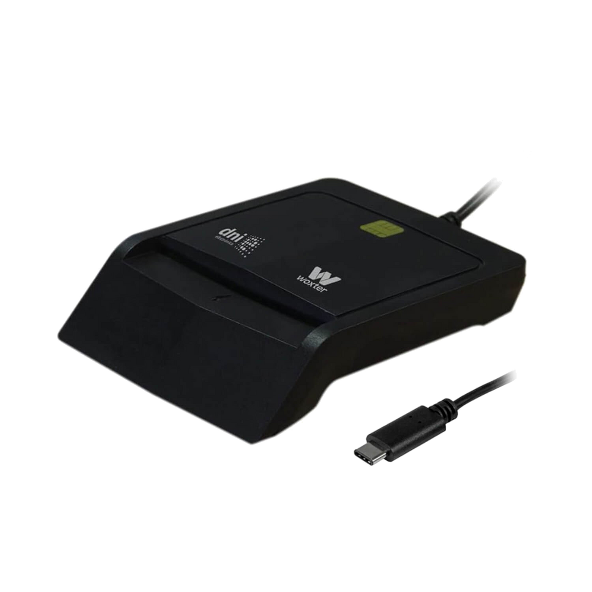 Un lettore di schede nero con un cavo USB-C. Il logo Woxter è sopra.
