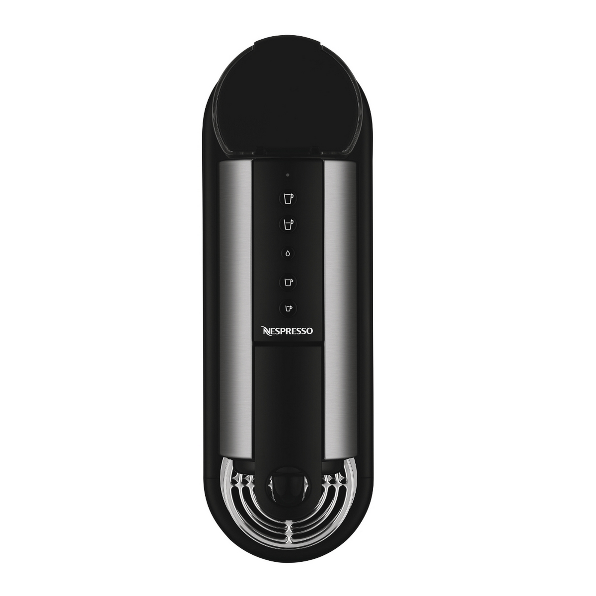 Vista superior de la máquina Nespresso negra, con indicadores de botón para diferentes tamaños.