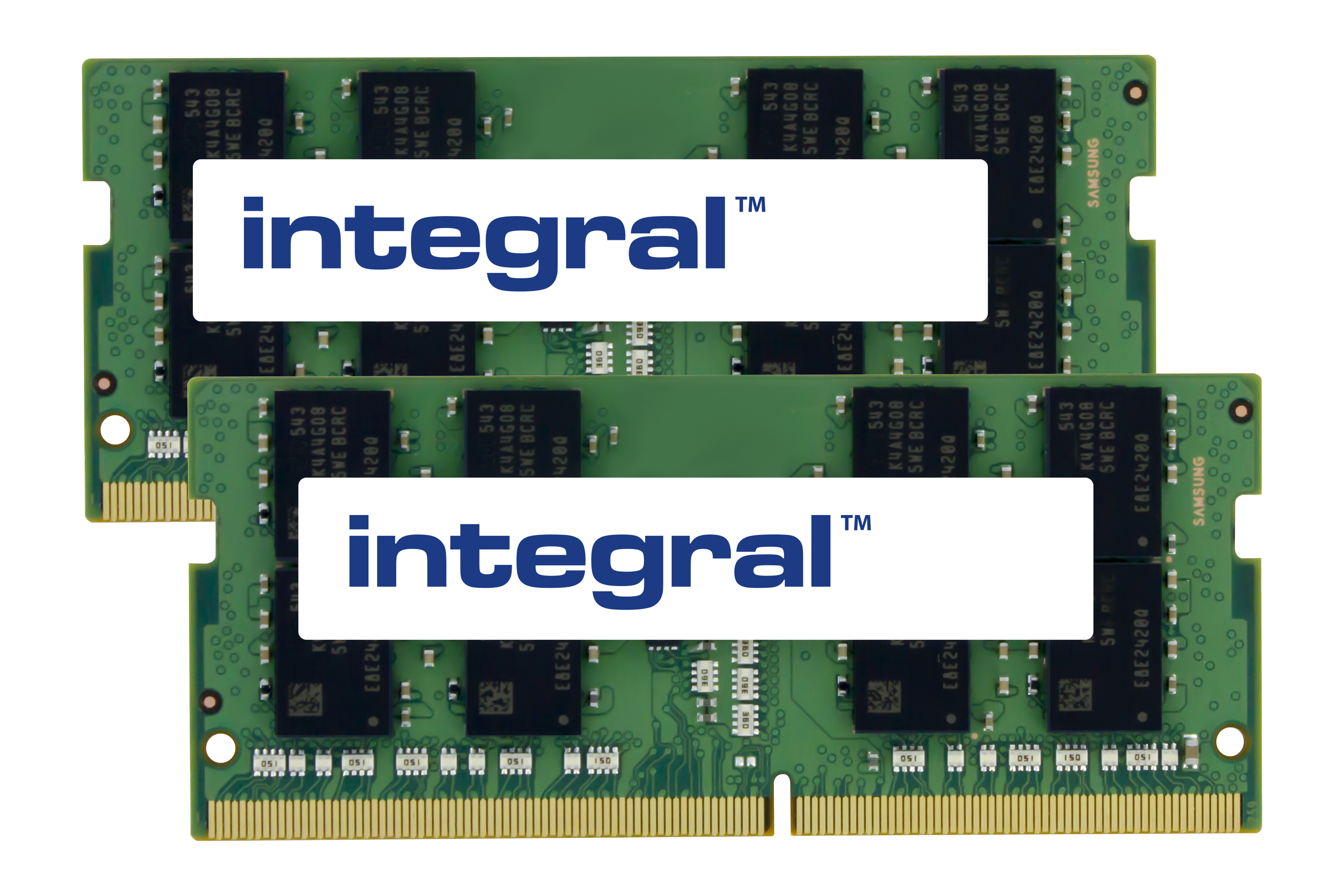 Due stick RAM verdi con 'integral' scritto sopra. Sfondo bianco.