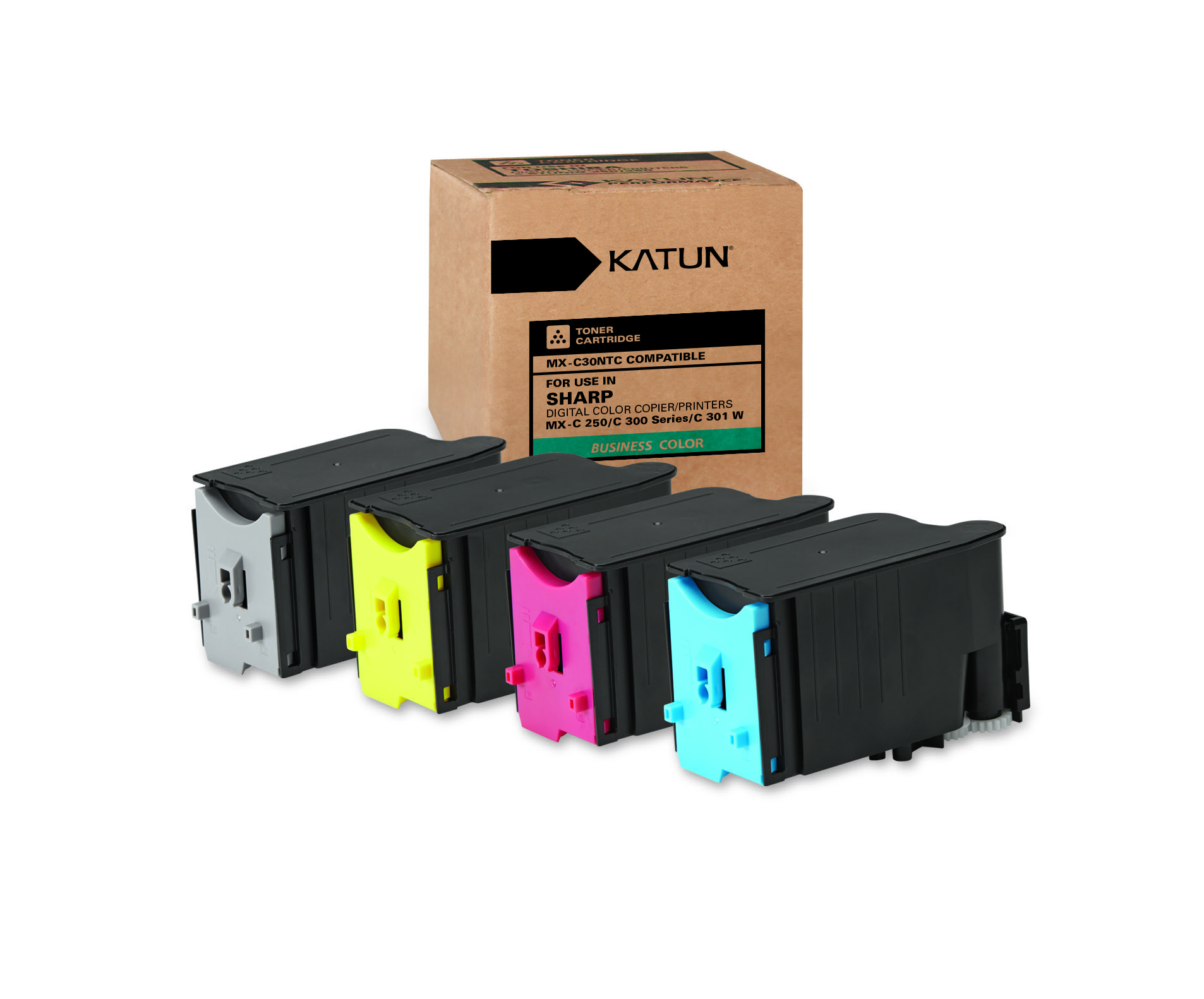 Cuatro cartuchos de tóner en una caja, negro, amarillo, magenta y cian. Fondo blanco.