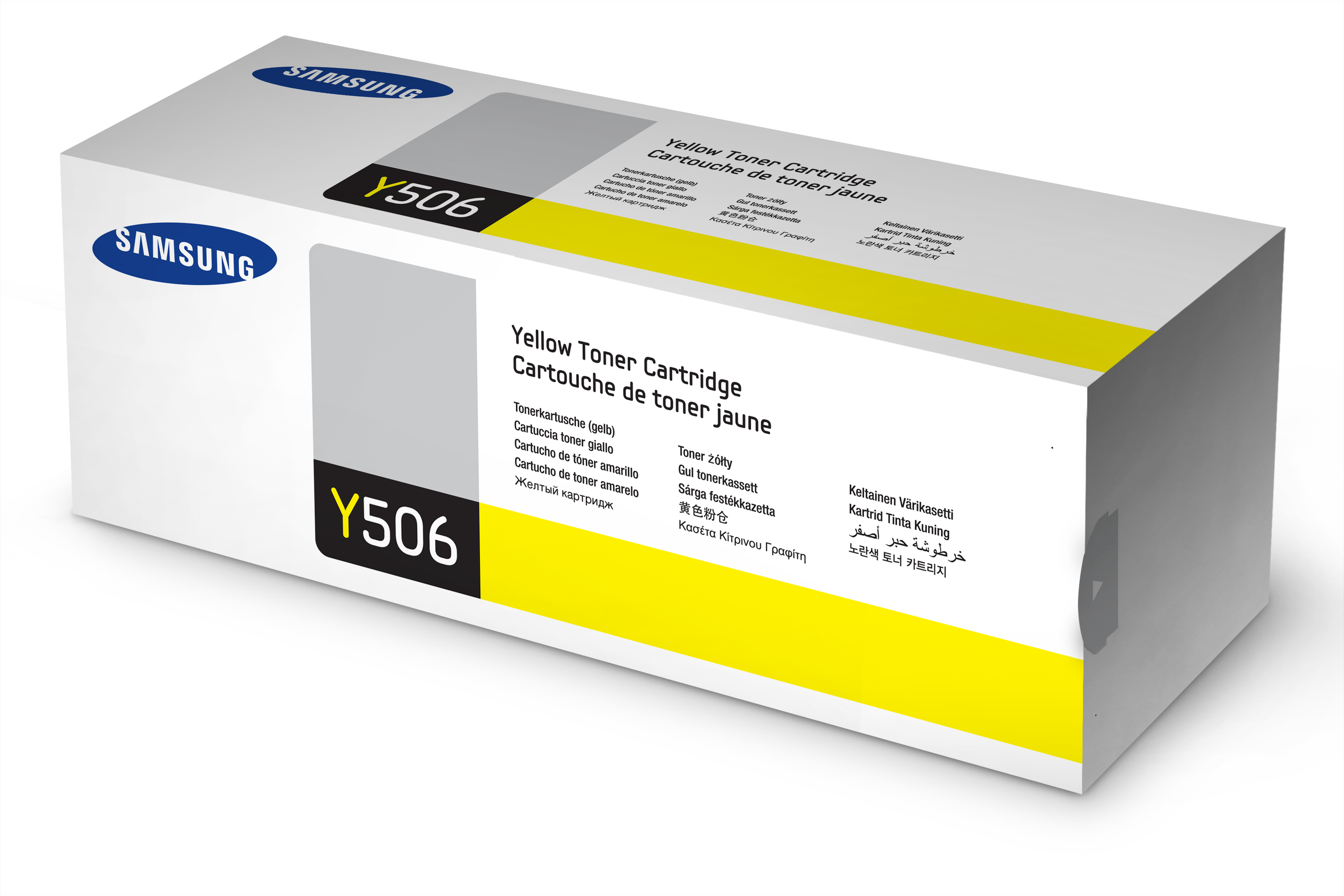 Scatola della cartuccia toner gialla. Il marchio è Samsung, il modello è Y506. Testo in più lingue.
