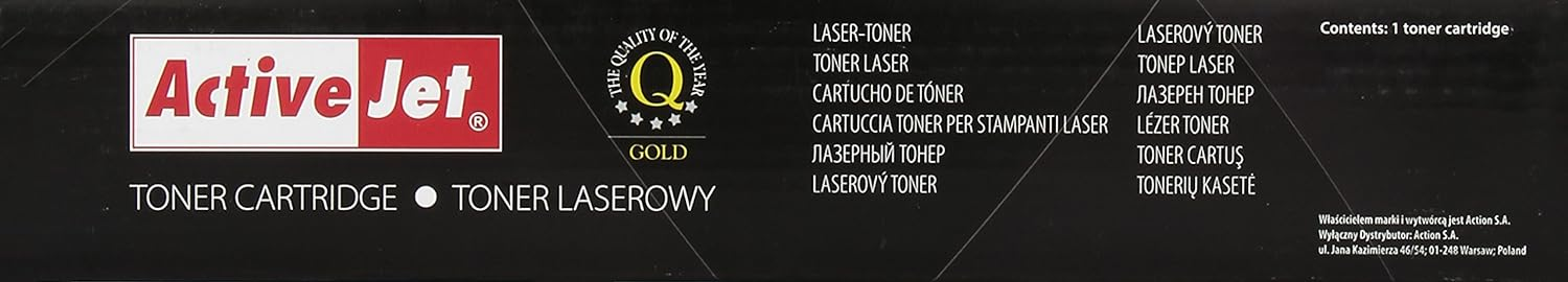 Czarne tło z marką wkładów z tonerem ActiveJet i tekstem w wielu językach.