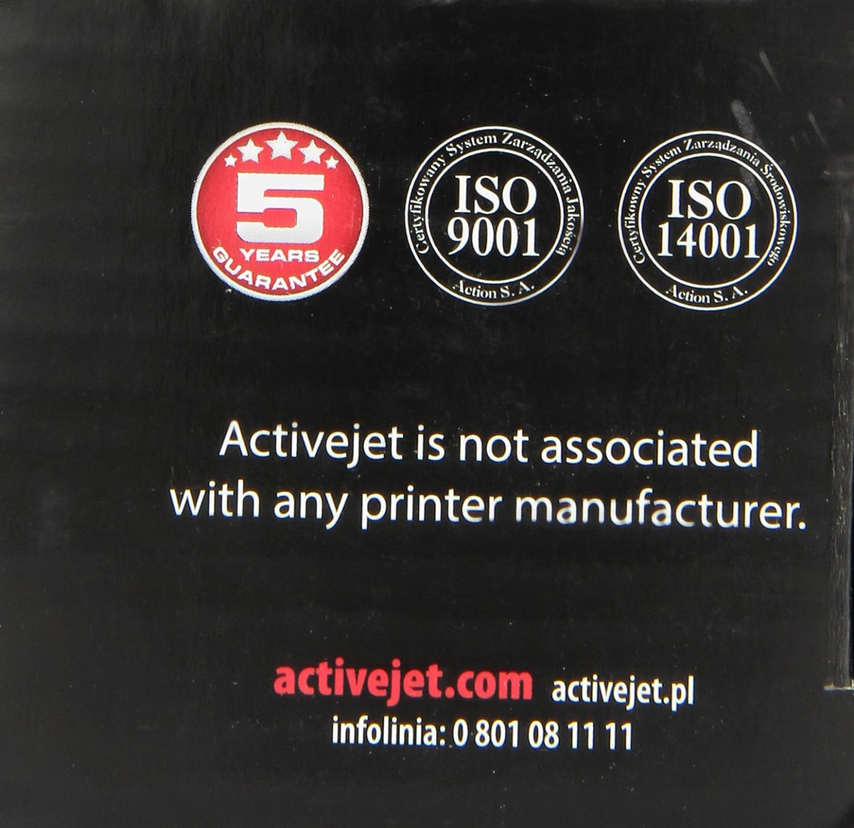 Czarne tło z logo Activejet i tekstem o kompatybilności drukarek i gwarancji.