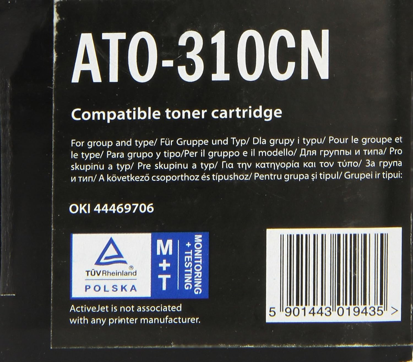 Zbliżenie etykiety z tekstem w wielu językach, w tym kodem kreskowym i logo.