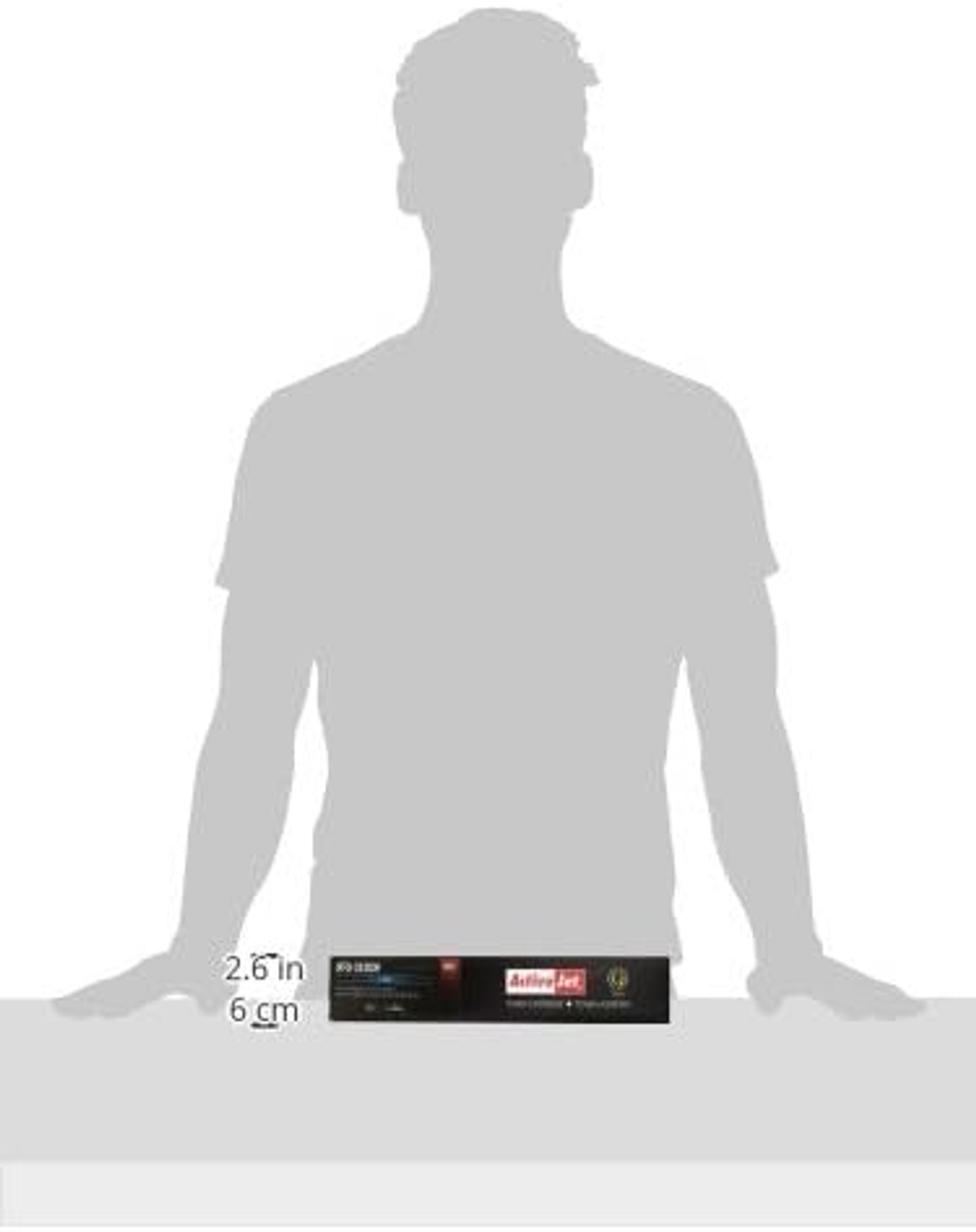 Sylwetka osoby trzymającej czarny wkład do drukarki, z etykietami pomiarowymi poniżej.