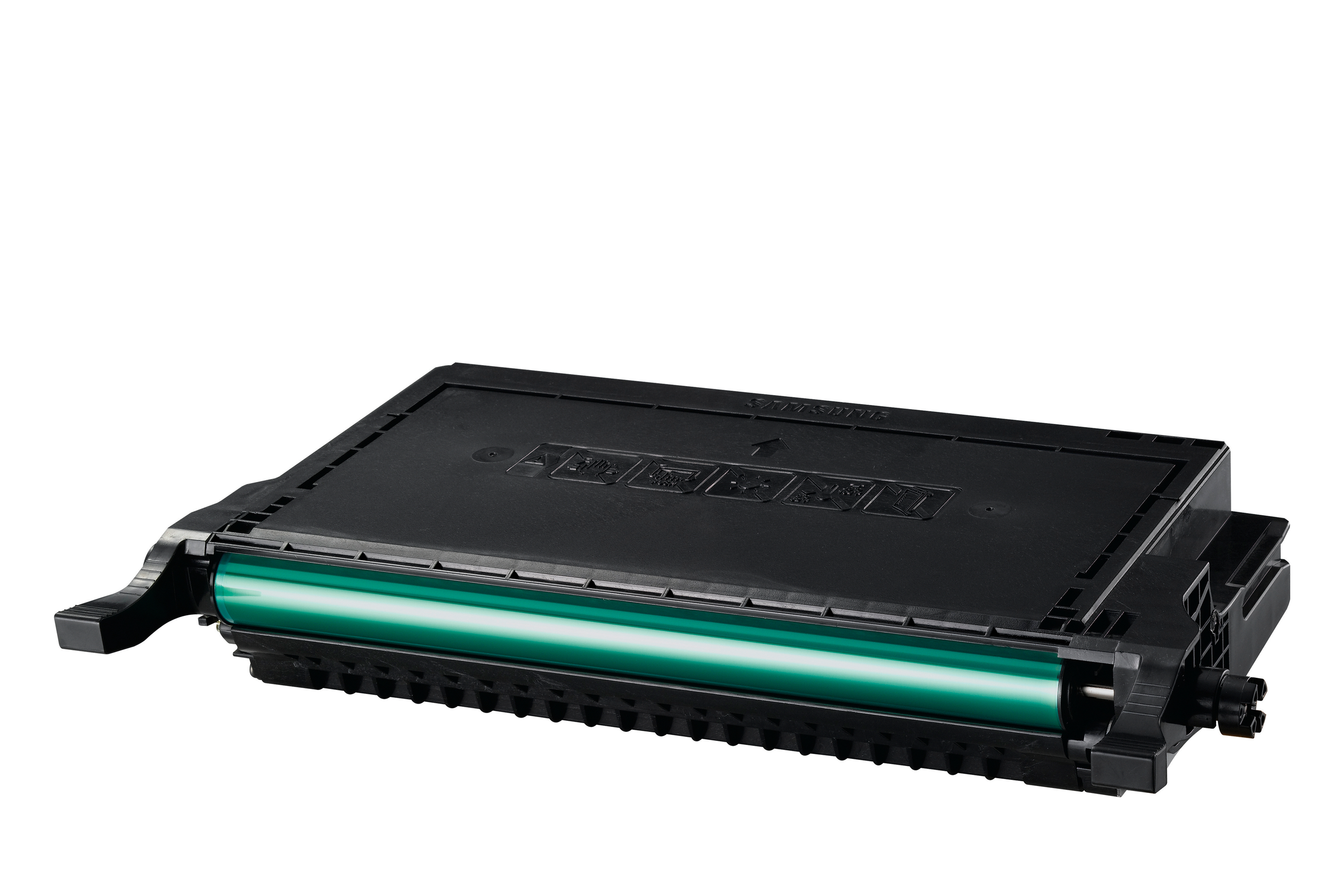 Cartuccia toner nera con rullo verde, vista angolata, su sfondo bianco.