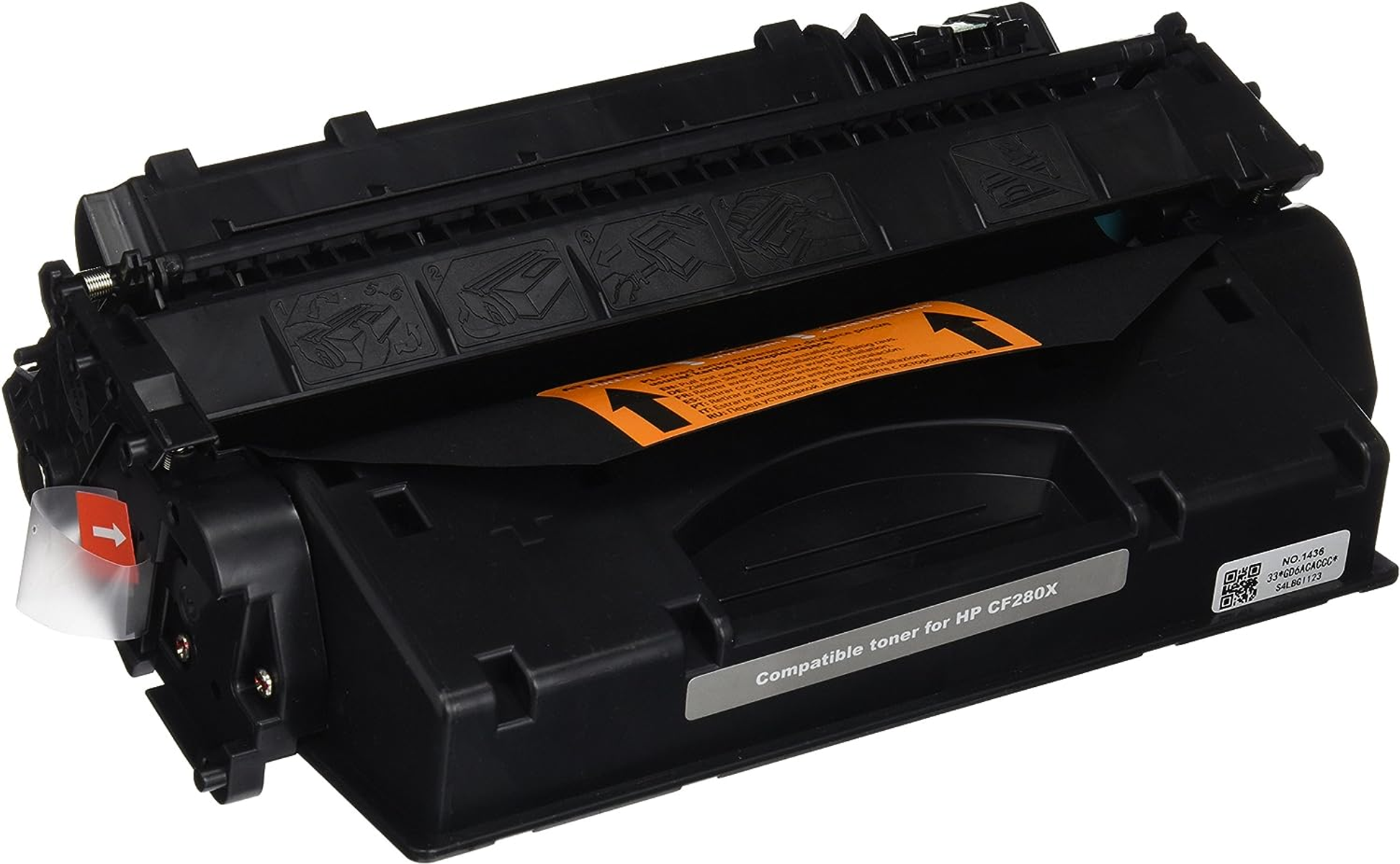 Cartuccia toner stampante nera, aperta con adesivo di avvertimento arancione.