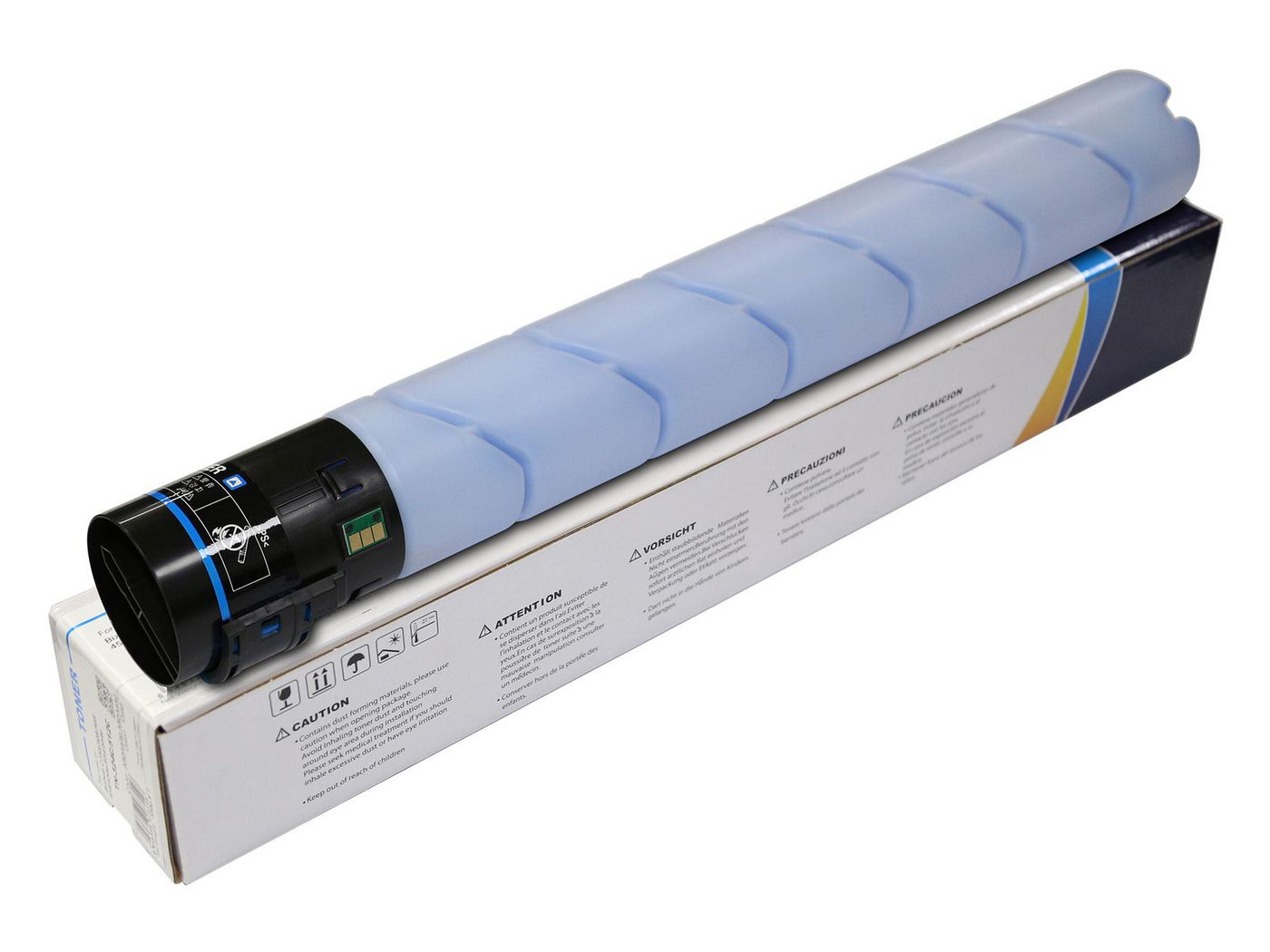 Cartuccia toner blu chiaro per stampante, in una scatola bianca.