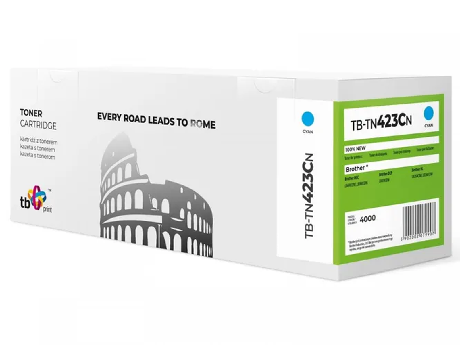 Białe pudełko z tonerem ze zdjęciem rzymskiego Koloseum. Ma niebieski tekst i cyjanowy akcent.