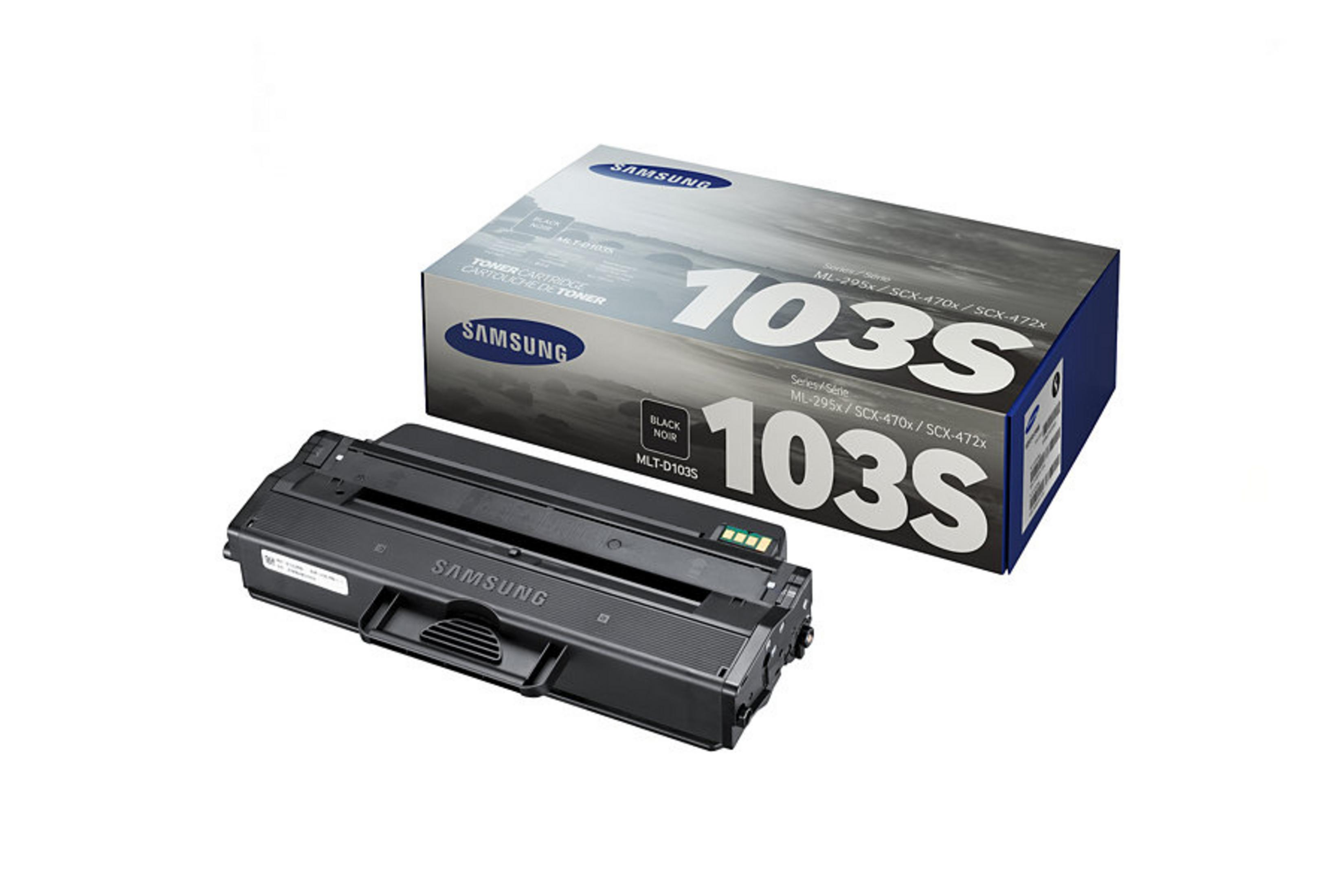 Cartuccia toner e scatola nere, marchio Samsung. La scatola dice '103S' e 'Black Noir'.