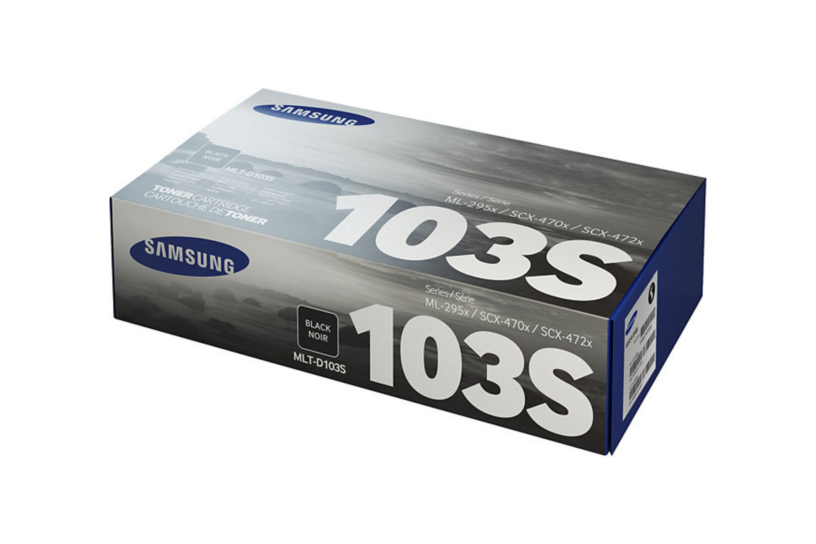 Una scatola di cartucce toner Samsung etichettata con il nome del prodotto e le informazioni sul marchio.