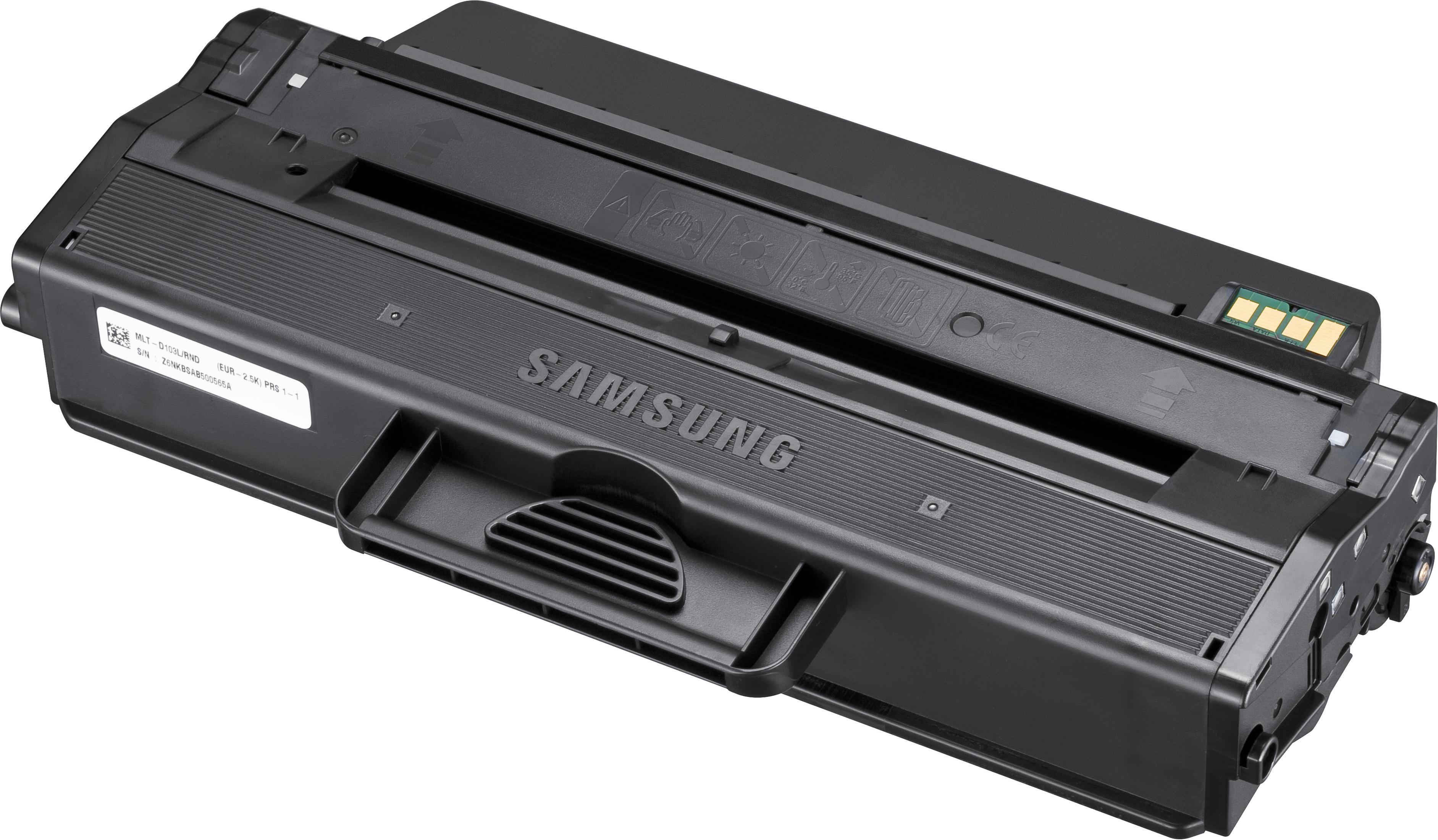 Cartuccia toner Samsung nera, vista angolata, che mostra i dettagli e il nome del marchio.