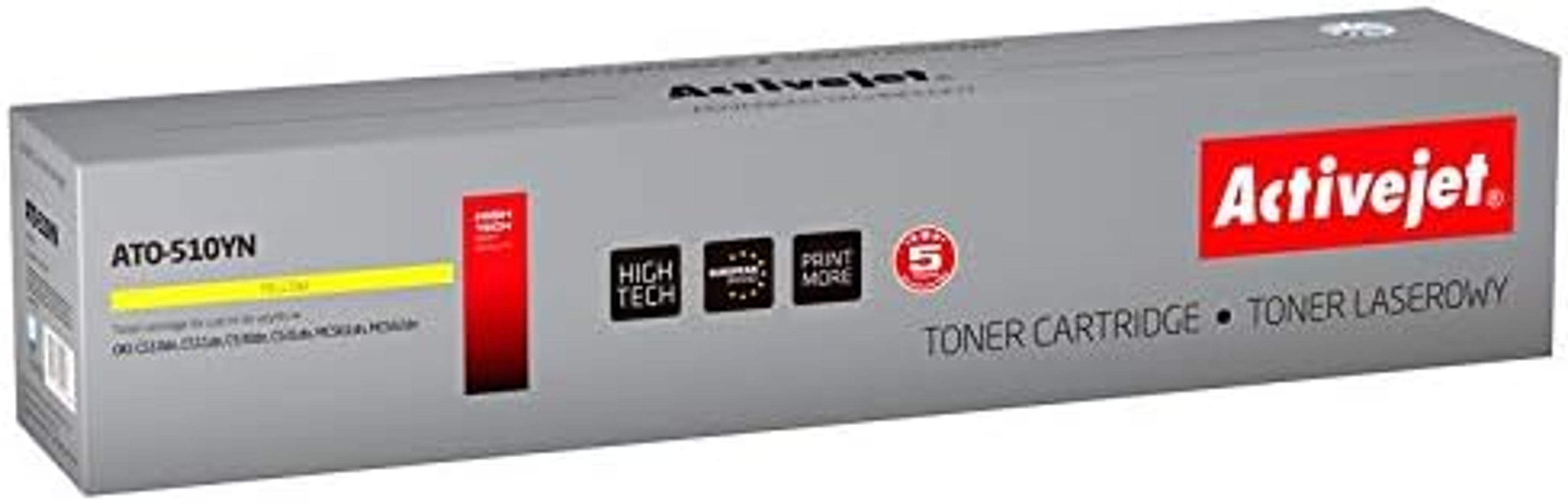 Szare pudełko z tonerem Activejet z żółtym akcentem. Posiada tekst i ikony, w tym 'high tech'.
