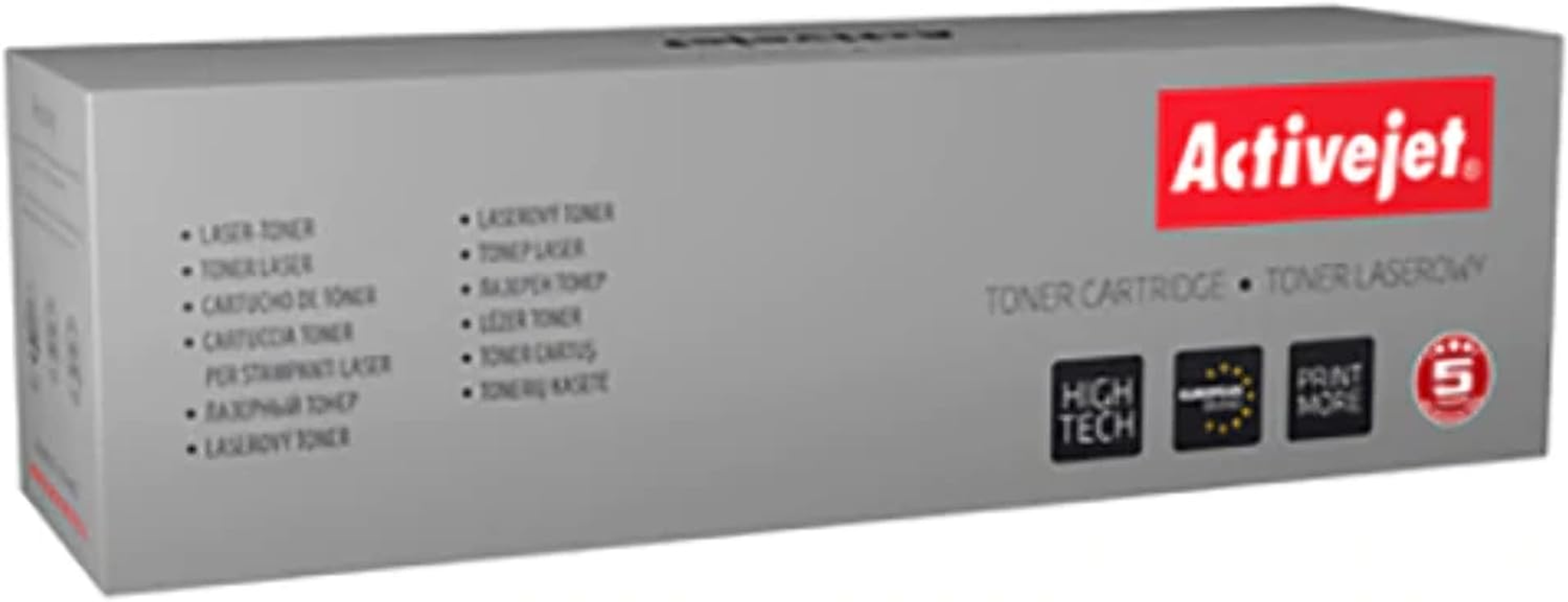 Scatola cartuccia toner Activejet. Grigio con logo rosso. Testo multilingue. Alta tecnologia, Marchio europeo, Stampa di più.