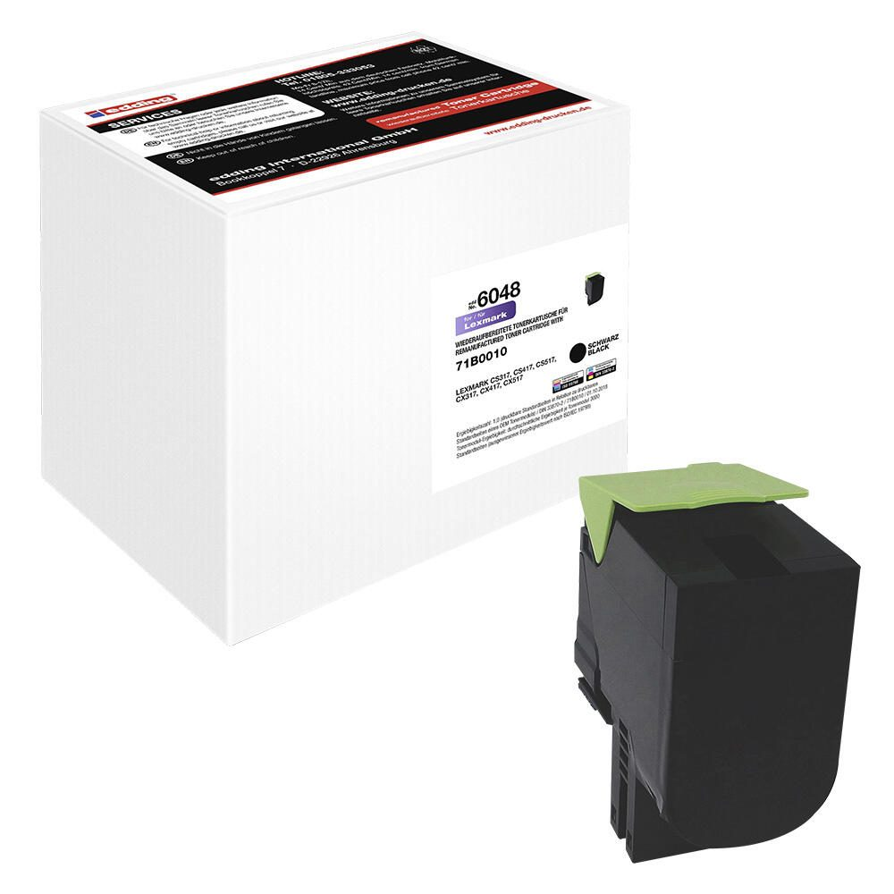 Białe pudełko i czarno-zielony wkład z tonerem. Pudełko ma nadrukowaną etykietę.