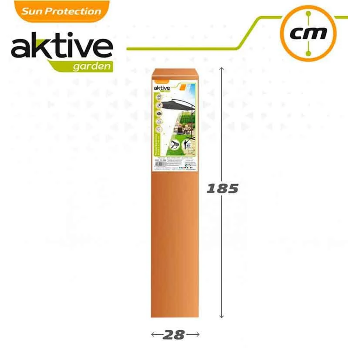 Brązowe pudełko z logo 'aktive garden', wymiarami produktu i szczegółami ochrony przeciwsłonecznej.