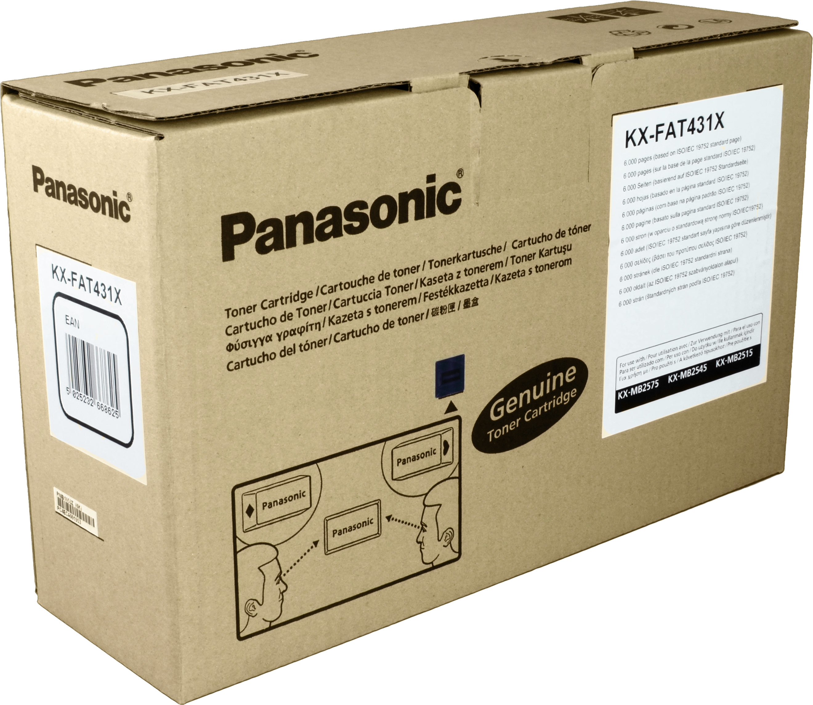 Scatola della cartuccia toner Panasonic KX-FAT431X, con testo e loghi, su superficie bianca.