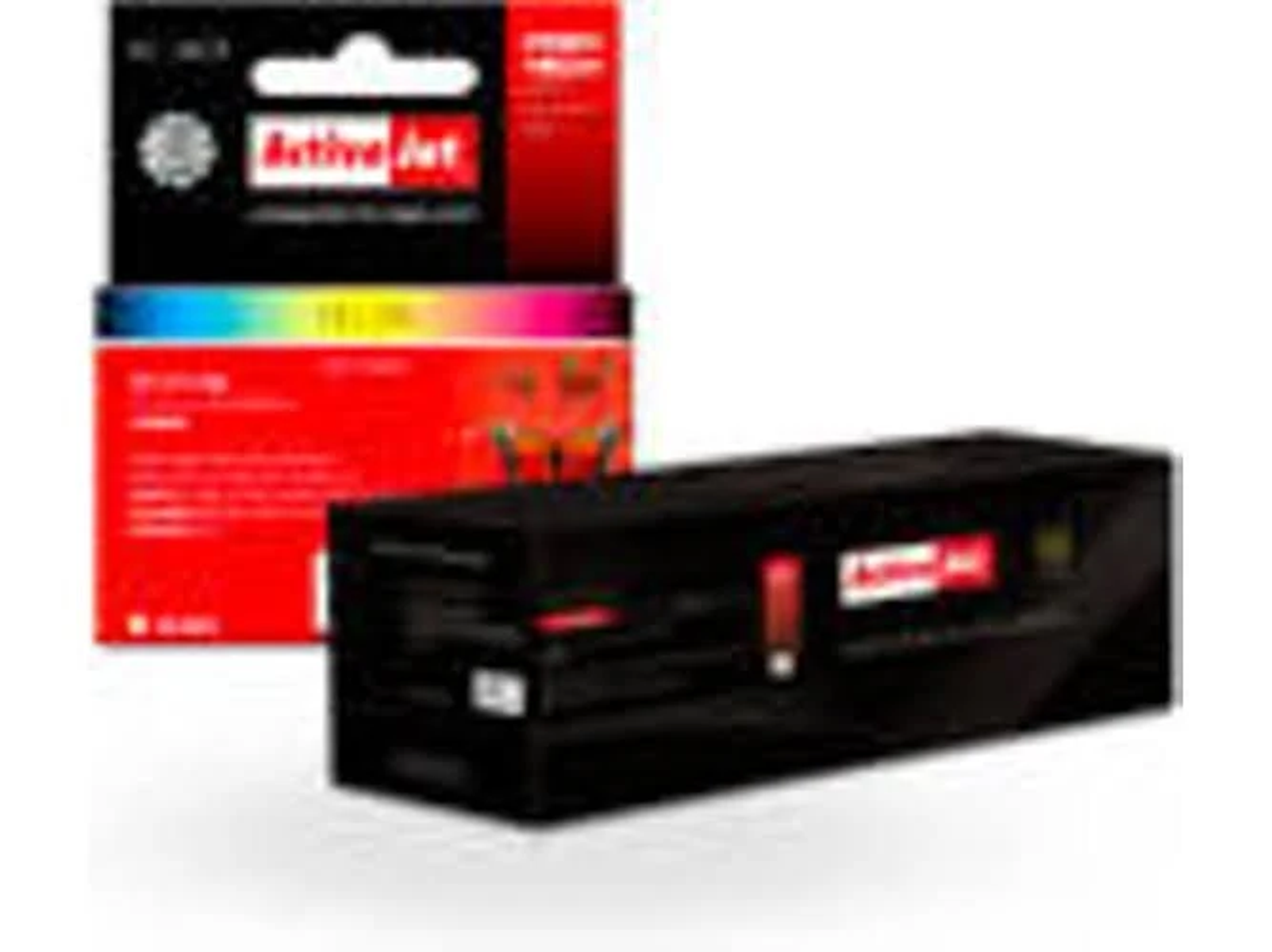 Czarne i czerwone wkłady atramentowe Active Jet, jeden z przodu, dwa w tle.